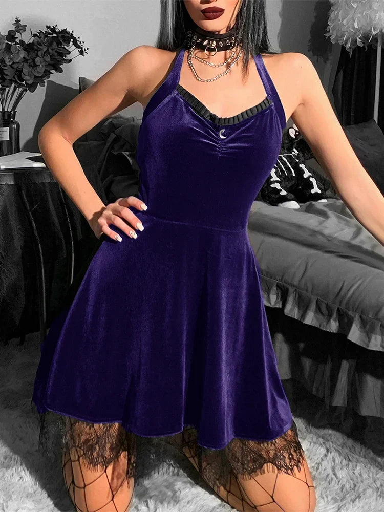 Velvet Gothic Green Halter Y2K Backless Lace Patchwork High Waist Mini Dress - View 2 | VelvetHem