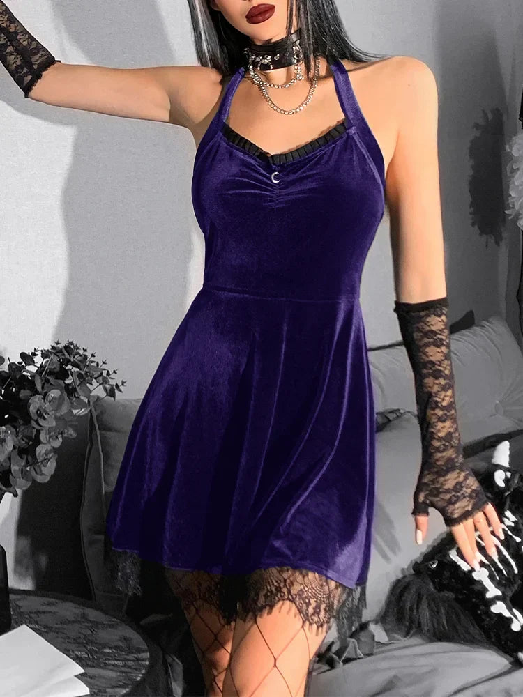 Velvet Gothic Green Halter Y2K Backless Lace Patchwork High Waist Mini Dress - View 4 | VelvetHem