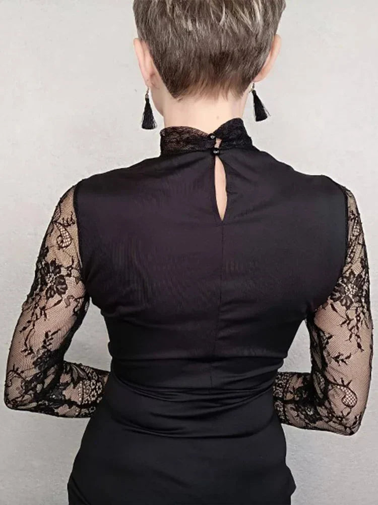 Vintage Lace Long Sleeve Bodycon Hollow Out Turtle Neck Gothic Mini Dress