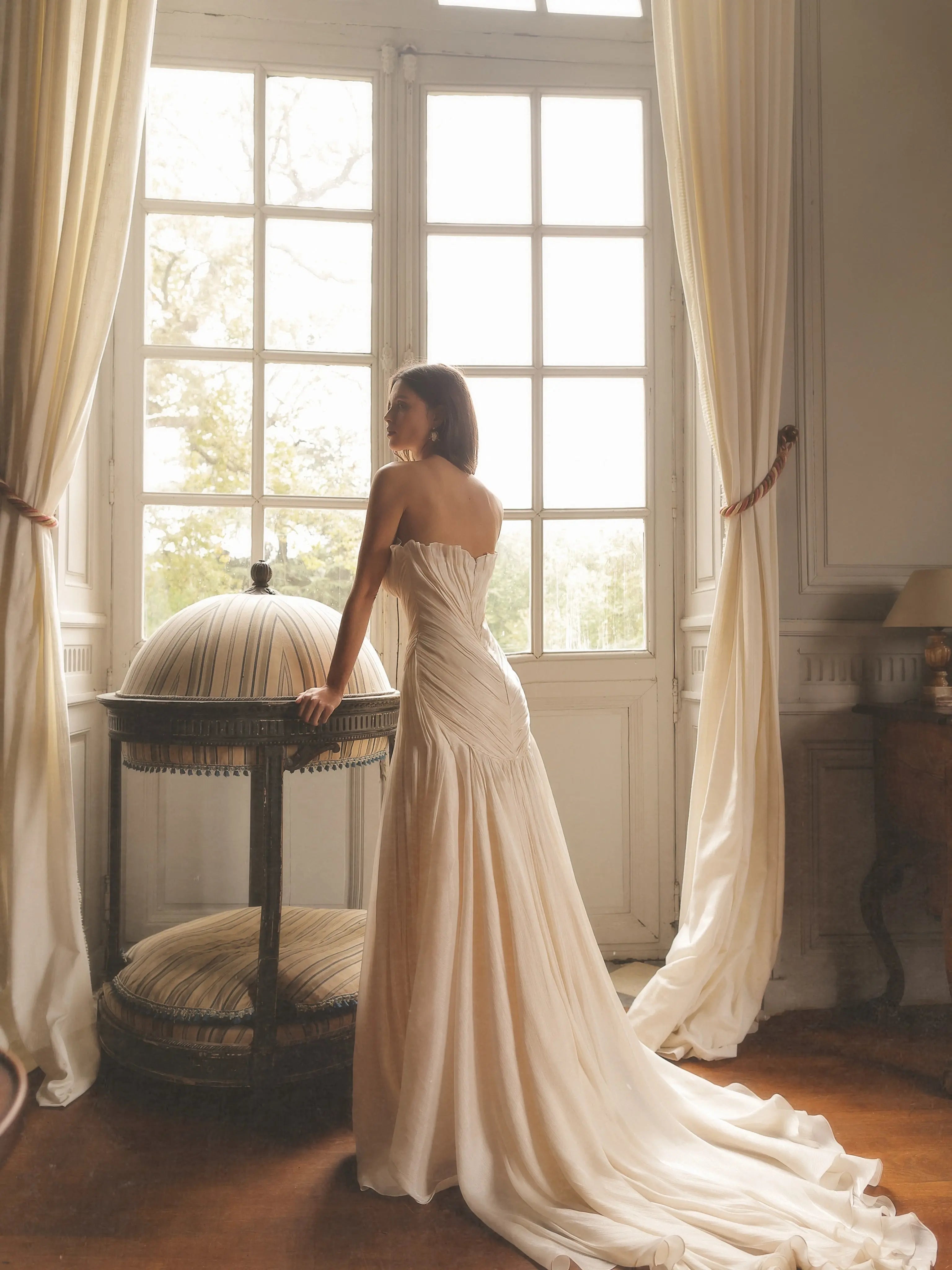Strapless Ruched Wedding Dresses with High Leg Slit ZP023