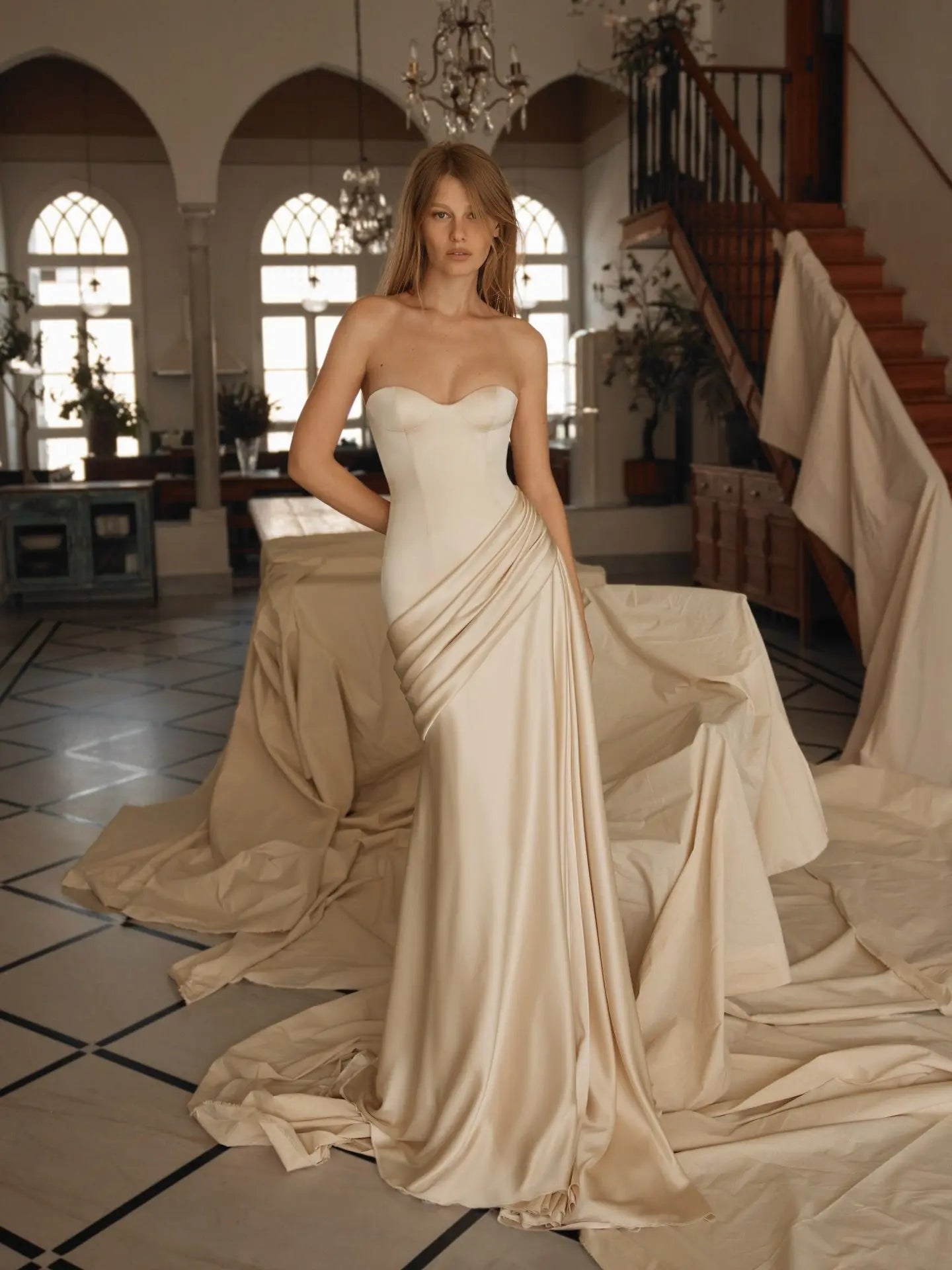 Elegant Strapless Sweetheart Draped Satin Mermaid Wedding Dress ZP042