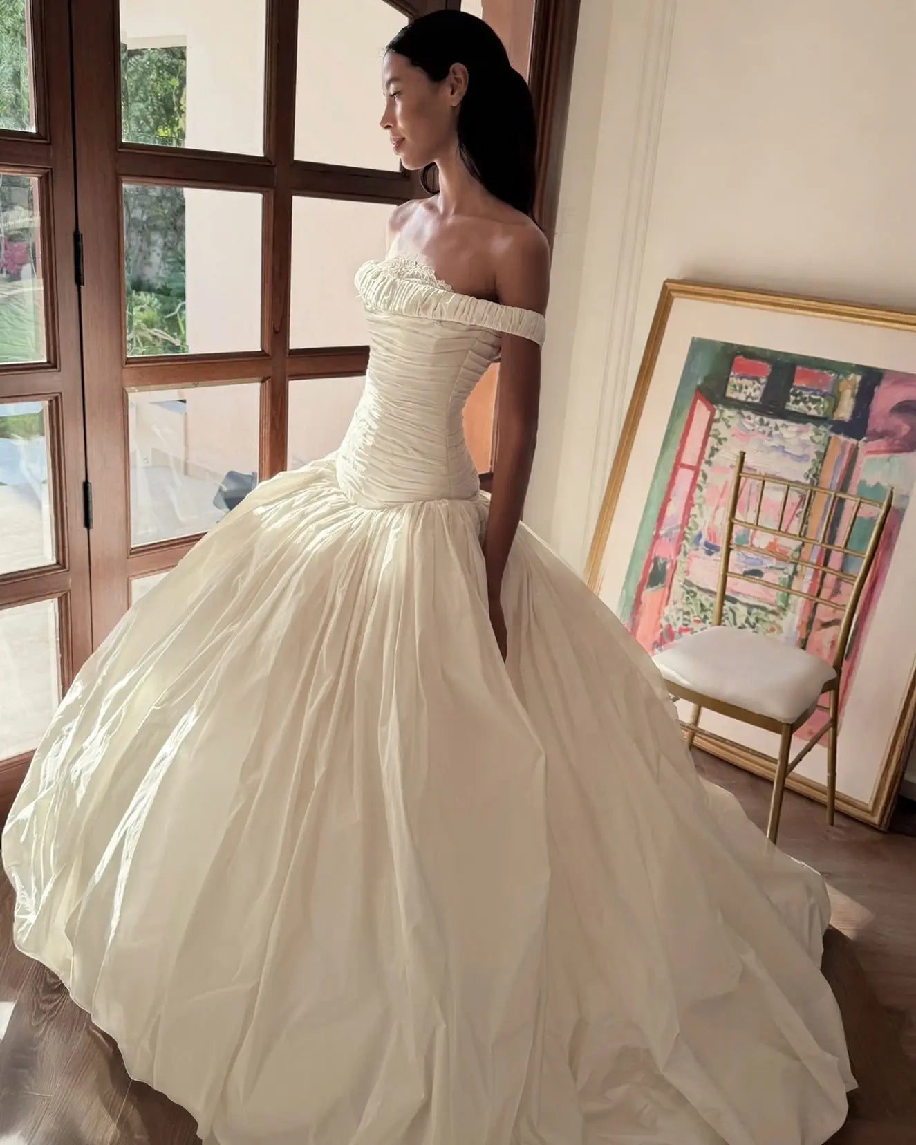 Elegant Ivory Strapless Ruched Satin Ball Gown Wedding Dress ZP070
