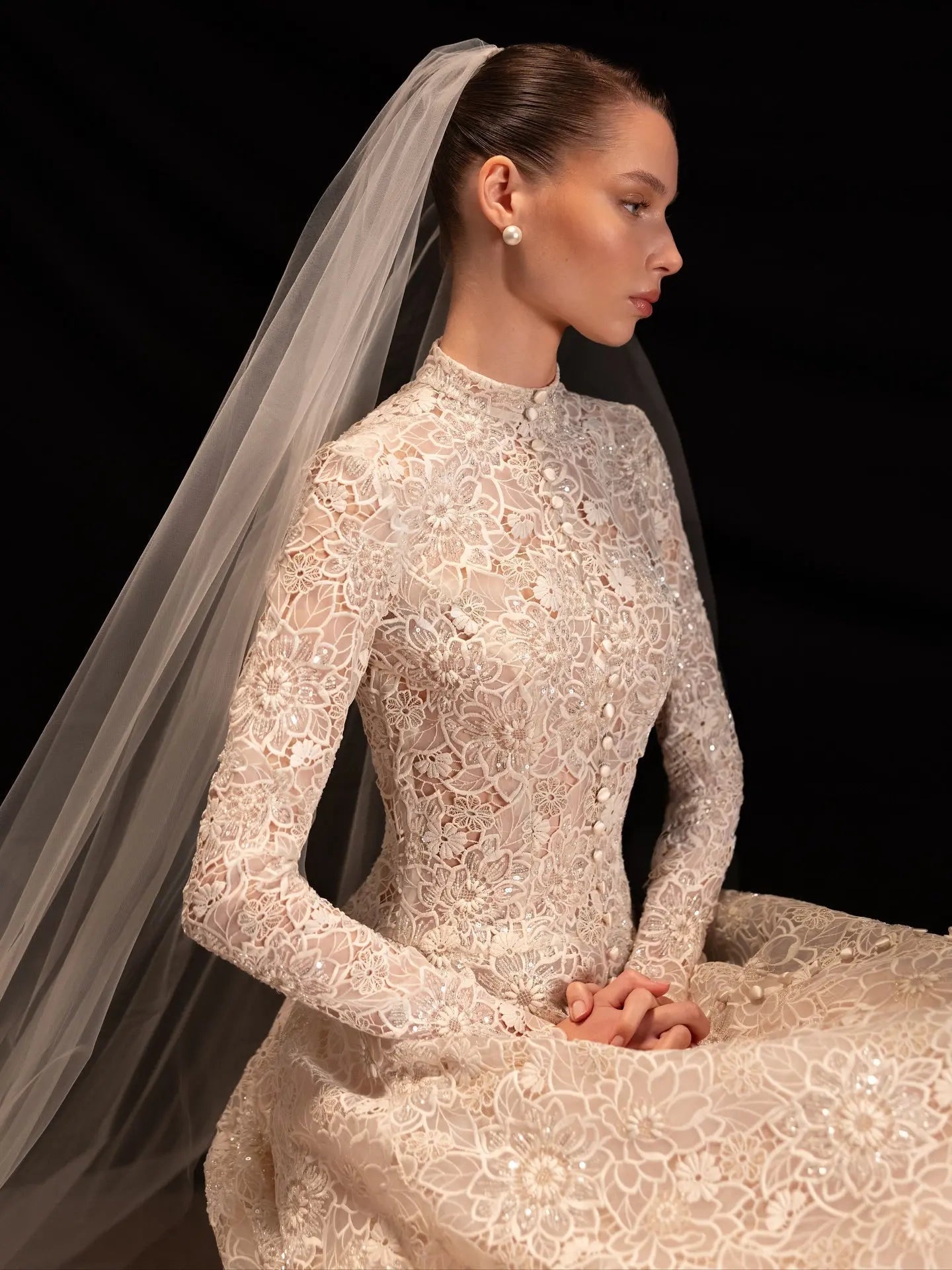 Luxury Champagne High Neck Long Sleeve Lace A-Line Wedding Dress with Buttons ZP079