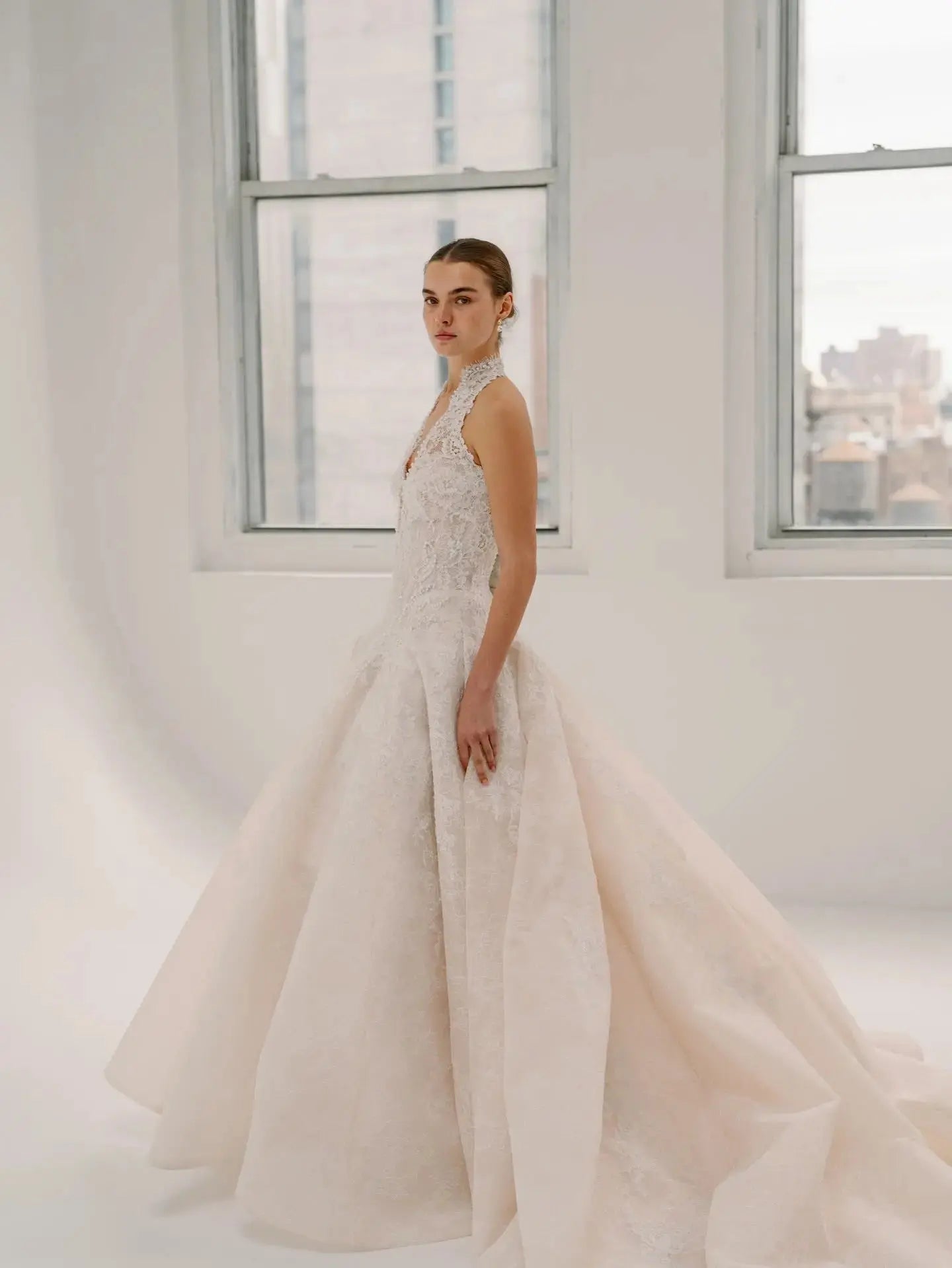 Luxury Ivory Halter Neck Lace Deep V Ball Gown Wedding Dress ZP146