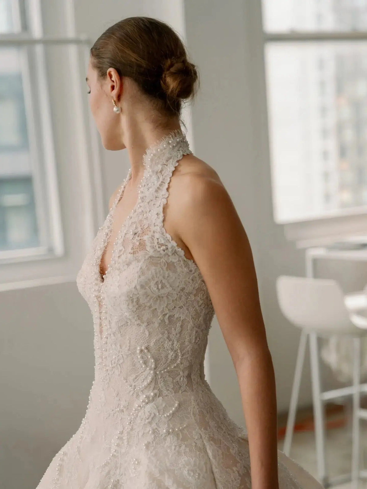 Luxury Ivory Halter Neck Lace Deep V Ball Gown Wedding Dress ZP146 - View 4 | VelvetHem