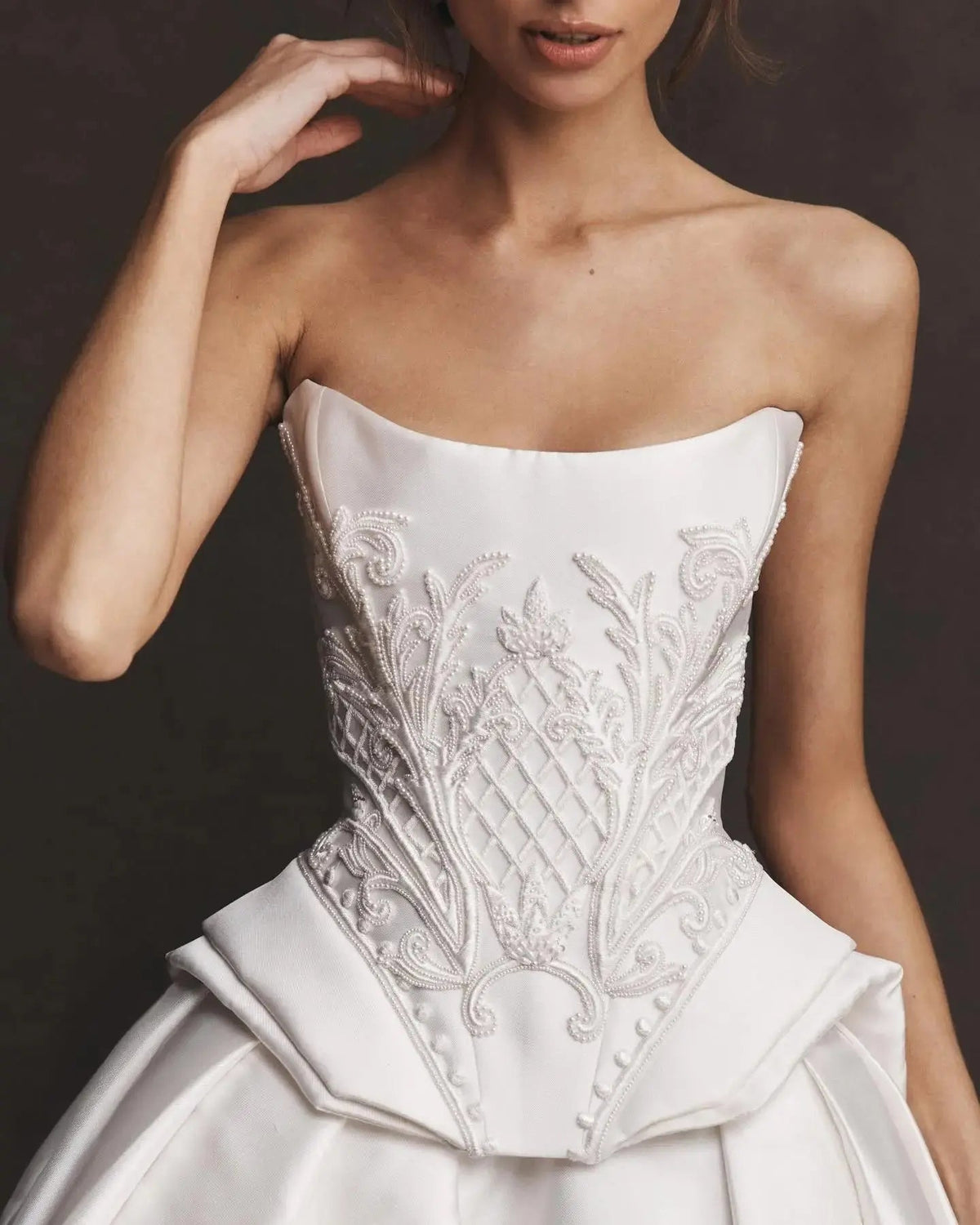 Luxury White Satin Strapless Beaded Ball Gown Train Wedding Dress ZP152