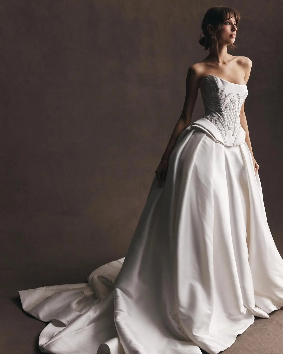 Luxury White Satin Strapless Beaded Ball Gown Train Wedding Dress ZP152