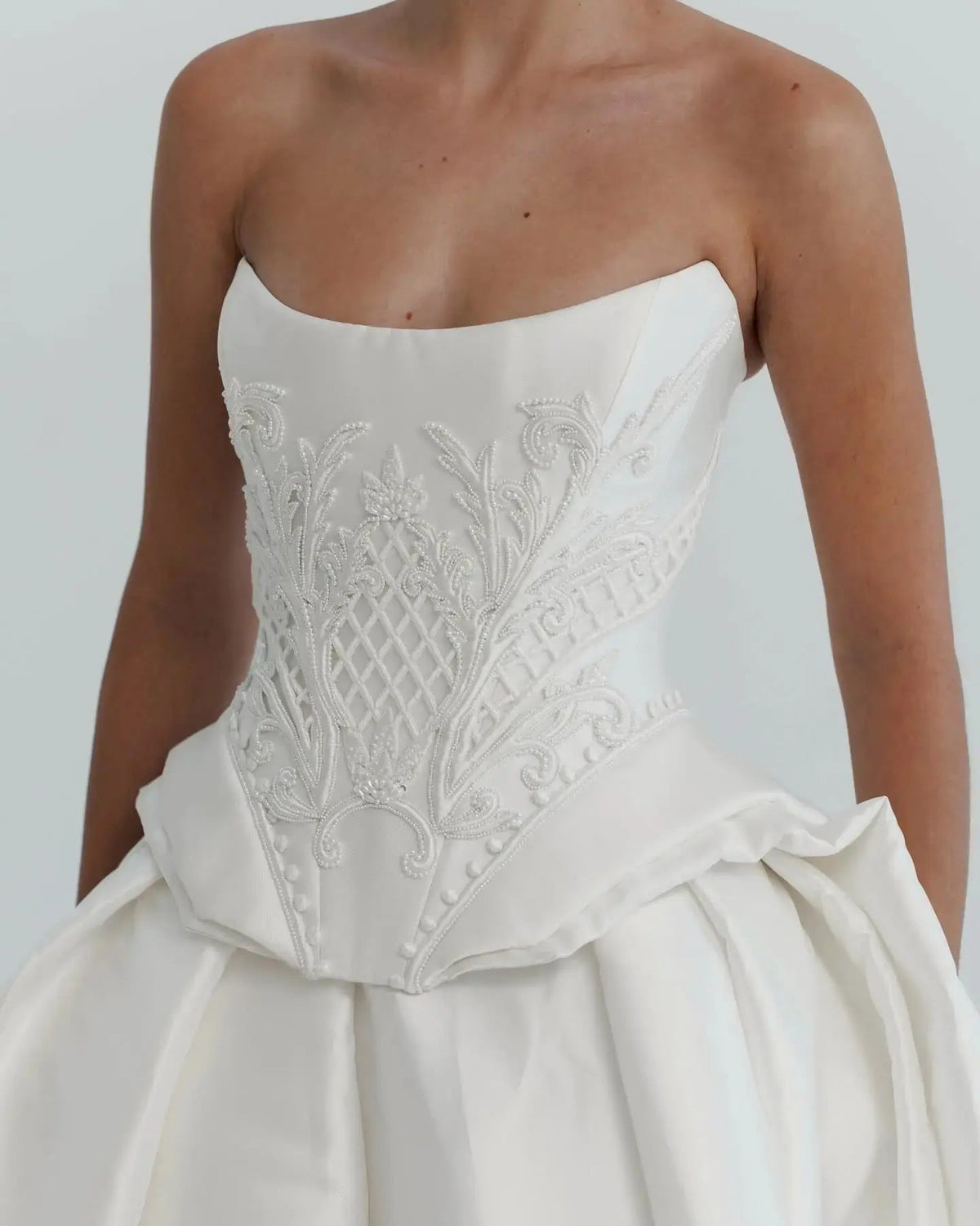 Luxury White Satin Strapless Beaded Ball Gown Train Wedding Dress ZP152