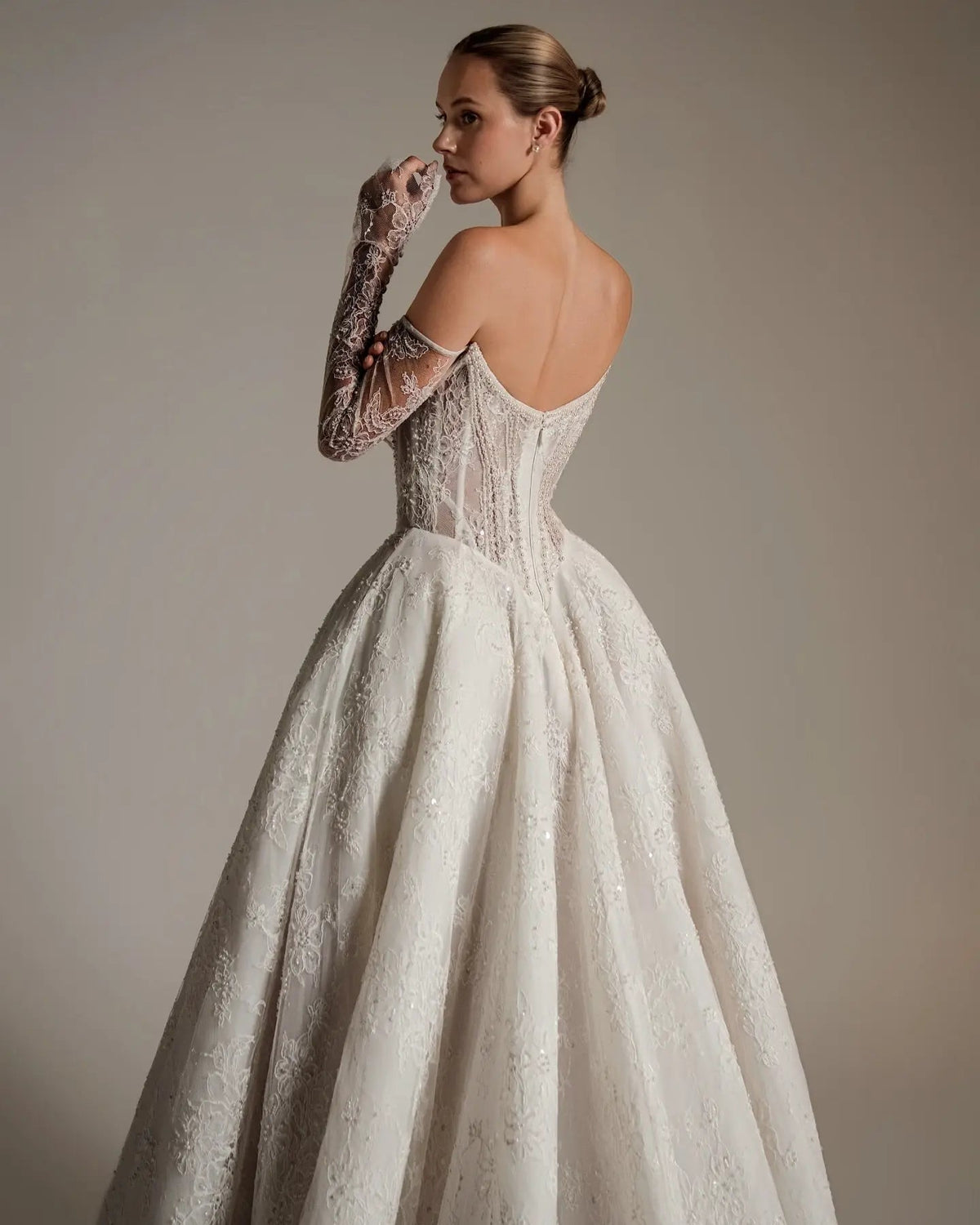 Luxury Ivory Strapless Lace High-Slit A-Line Wedding Dress ZP141