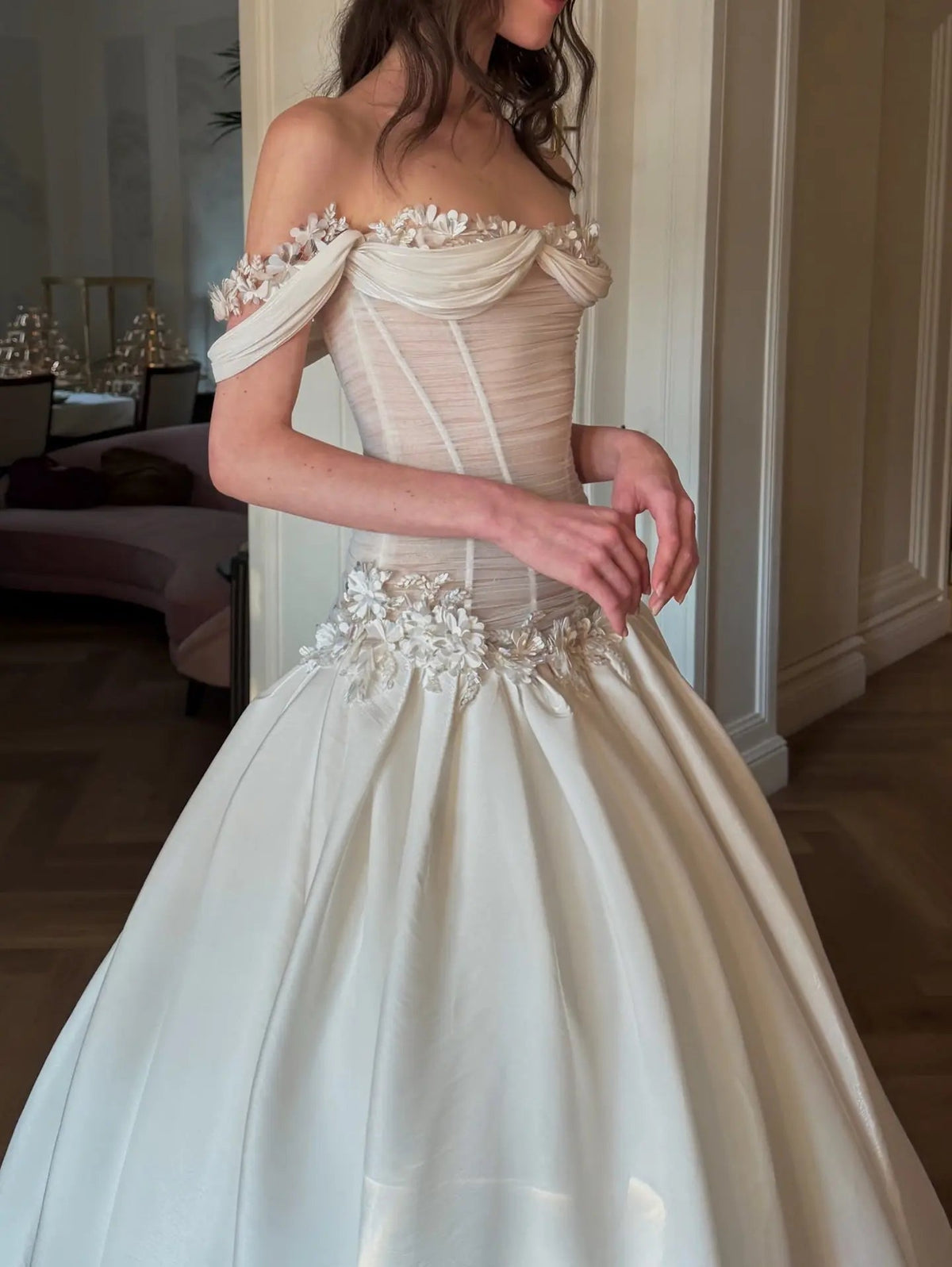 Elegant Ivory Off-the-Shoulder Floral Lace Ball Gown Wedding Dress ZP075