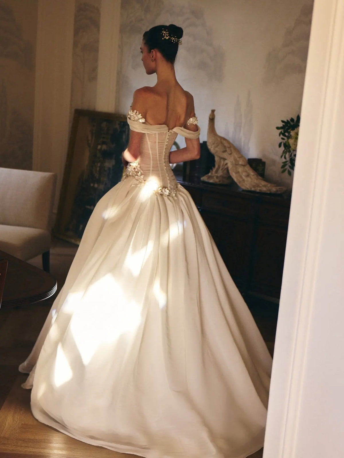 Elegant Ivory Off-the-Shoulder Floral Lace Ball Gown Wedding Dress ZP075 - View 8 | VelvetHem