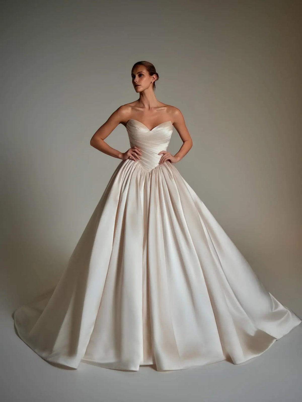 Luxury Champagne Strapless Satin Ball Gown Trailed Wedding Dress ZP144 - View 2 | VelvetHem