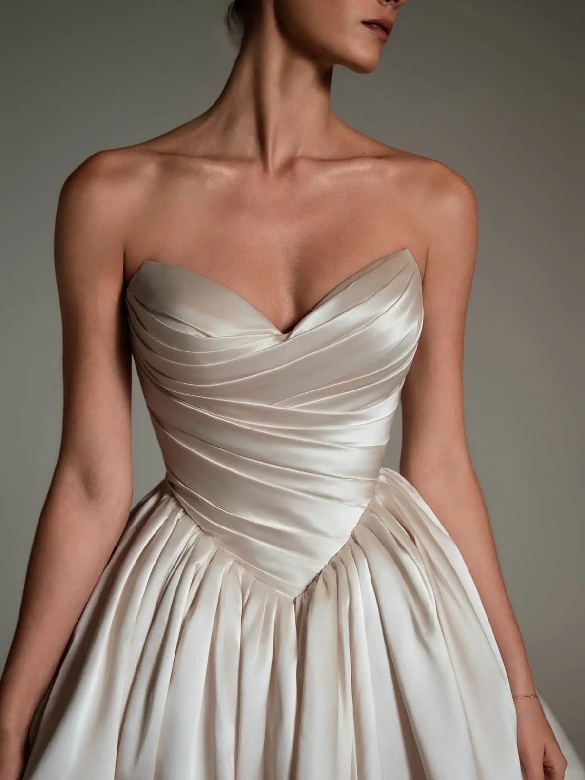 Luxury Champagne Strapless Satin Ball Gown Trailed Wedding Dress ZP144 - View 4 | VelvetHem