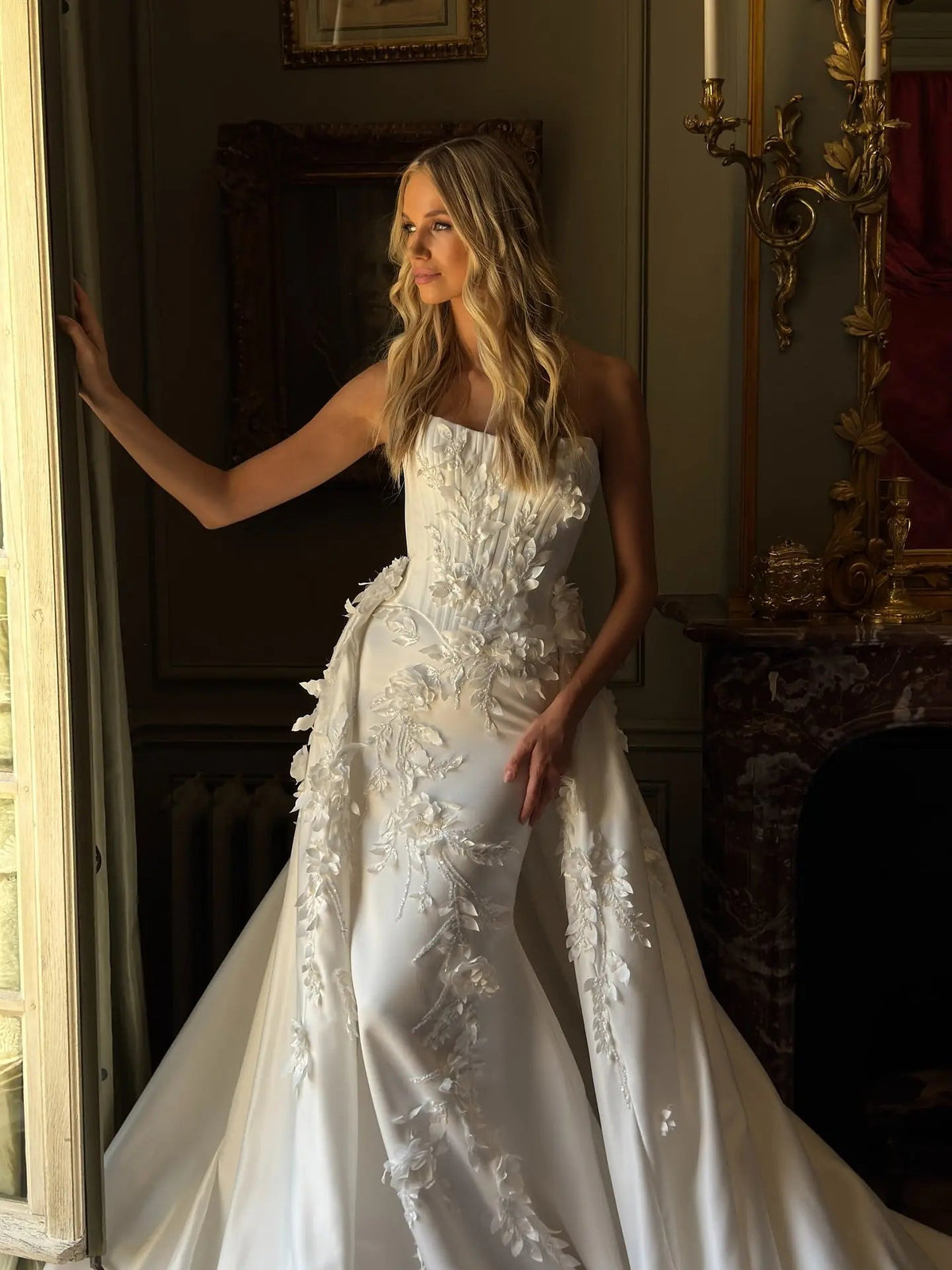 Romantic White Strapless 3D Floral Lace Mermaid Wedding Dress with Overskirt ZP090