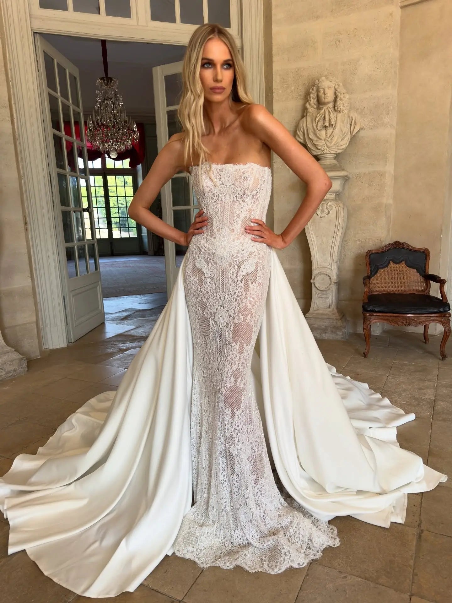 Luxury White Strapless Lace Mermaid Wedding Dress with Overskirt ZP086