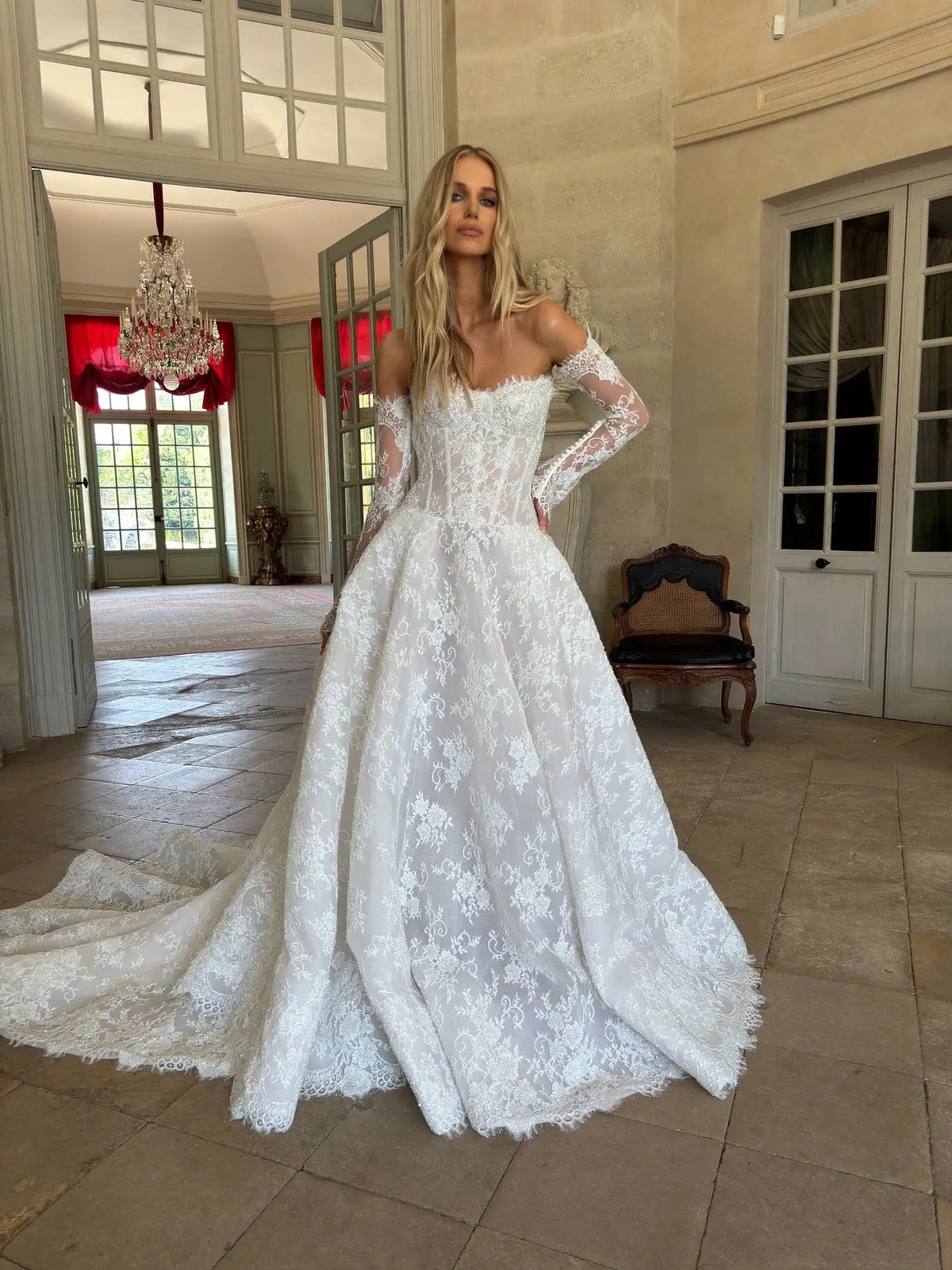 Regal White Off-the-Shoulder Long Sleeve Lace Ball Gown Wedding Dress ZP087 - View 3 | VelvetHem