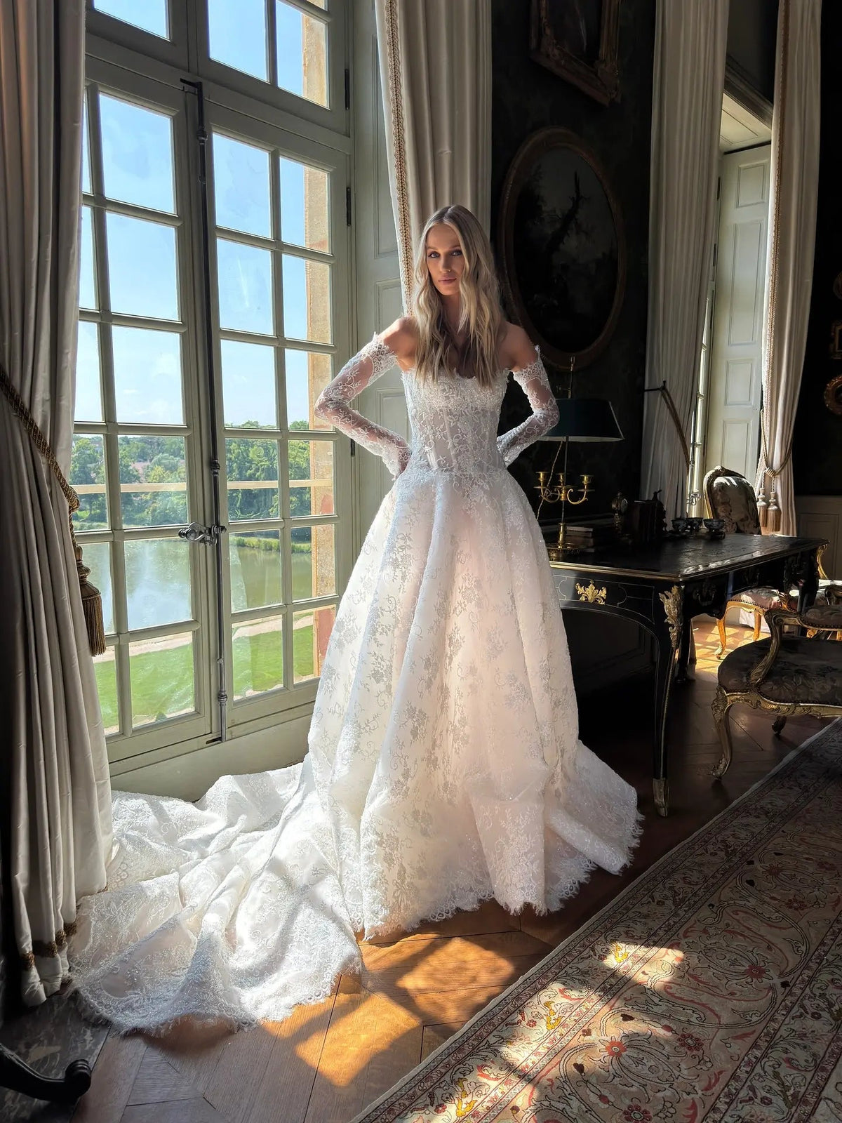 Regal White Off-the-Shoulder Long Sleeve Lace Ball Gown Wedding Dress ZP087 - View 4 | VelvetHem