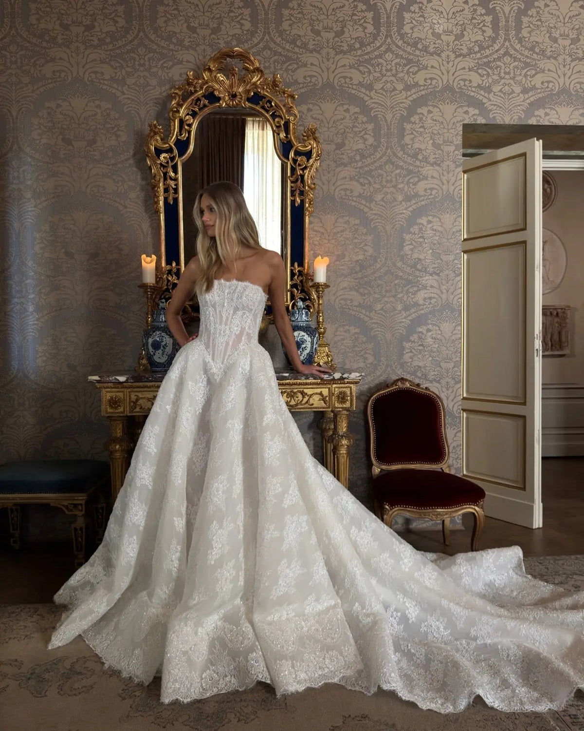 Regal White Strapless Sequin Sheer Lace Ball Gown Wedding Dress ZP097 - View 3 | VelvetHem