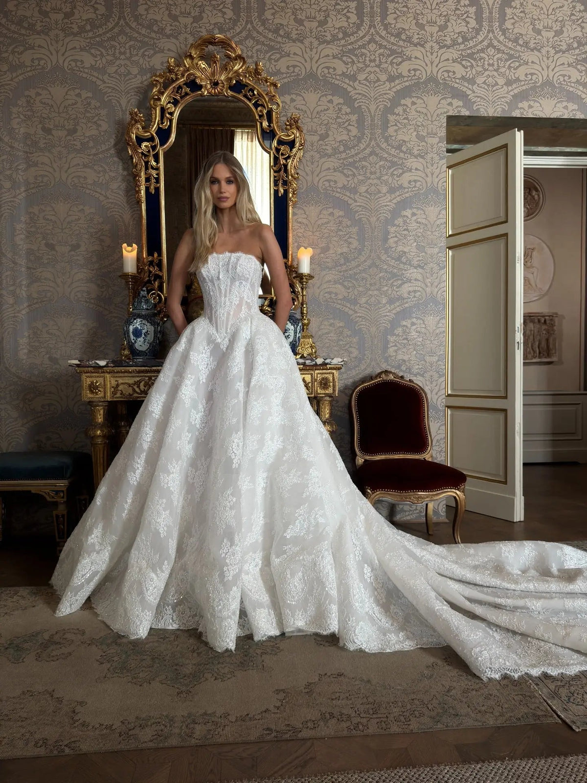 Regal White Strapless Sequin Sheer Lace Ball Gown Wedding Dress ZP097 - View 4 | VelvetHem