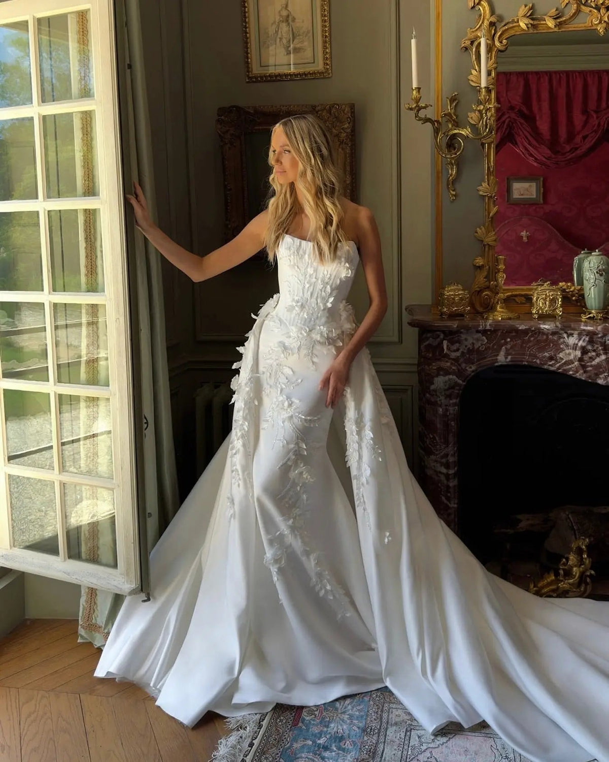 Romantic White Strapless 3D Floral Lace Mermaid Wedding Dress with Overskirt ZP090