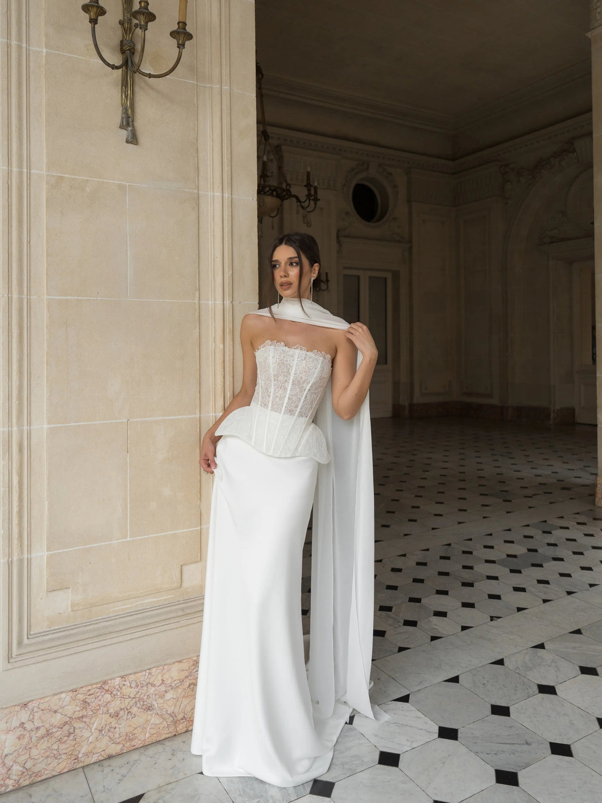 Strapless Lace Corset Wedding Dresses with Scarf ZP024