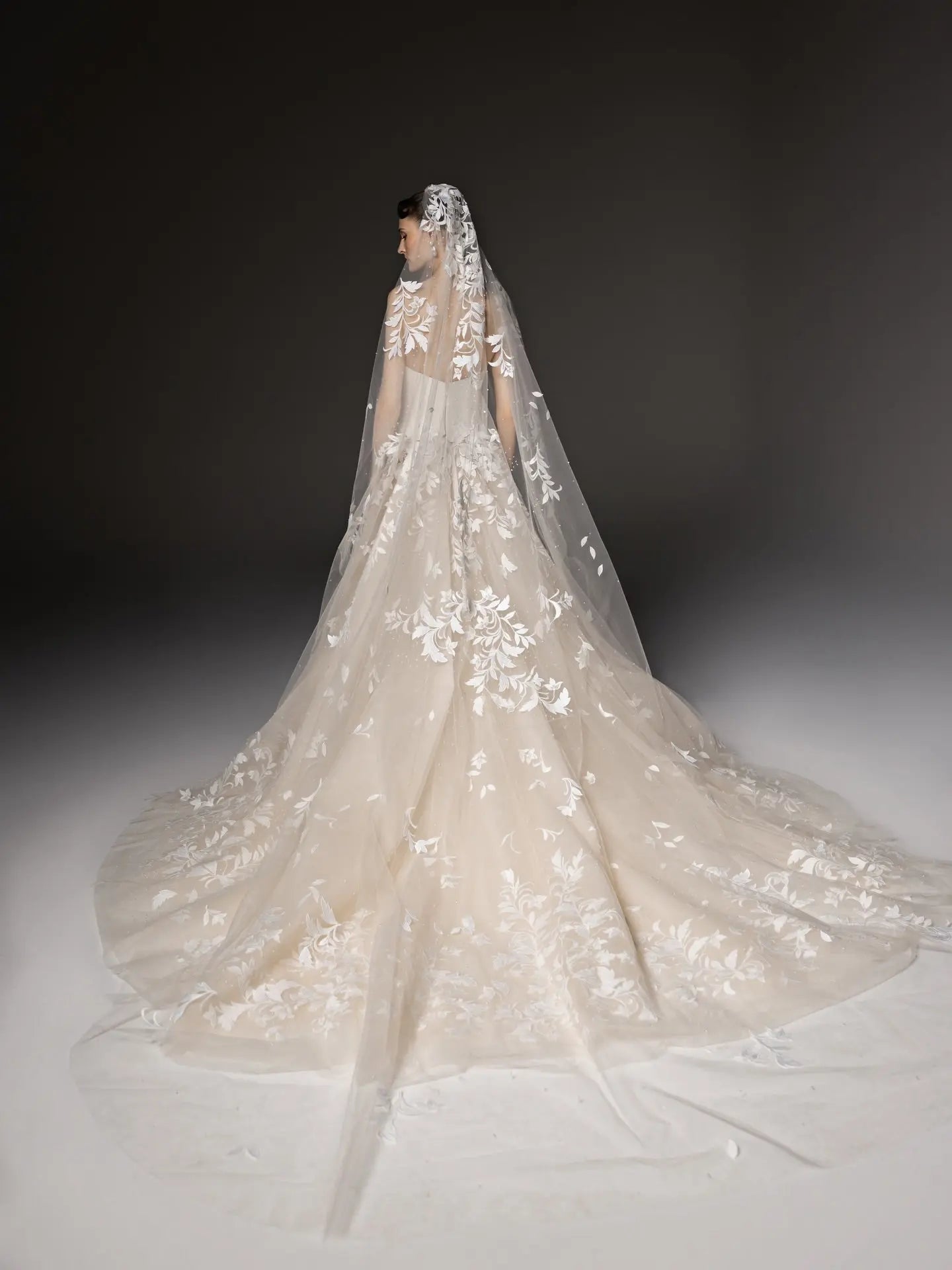 Dreamy Ivory Strapless Floral Lace Mermaid Train Wedding Dress with Veil ZP083