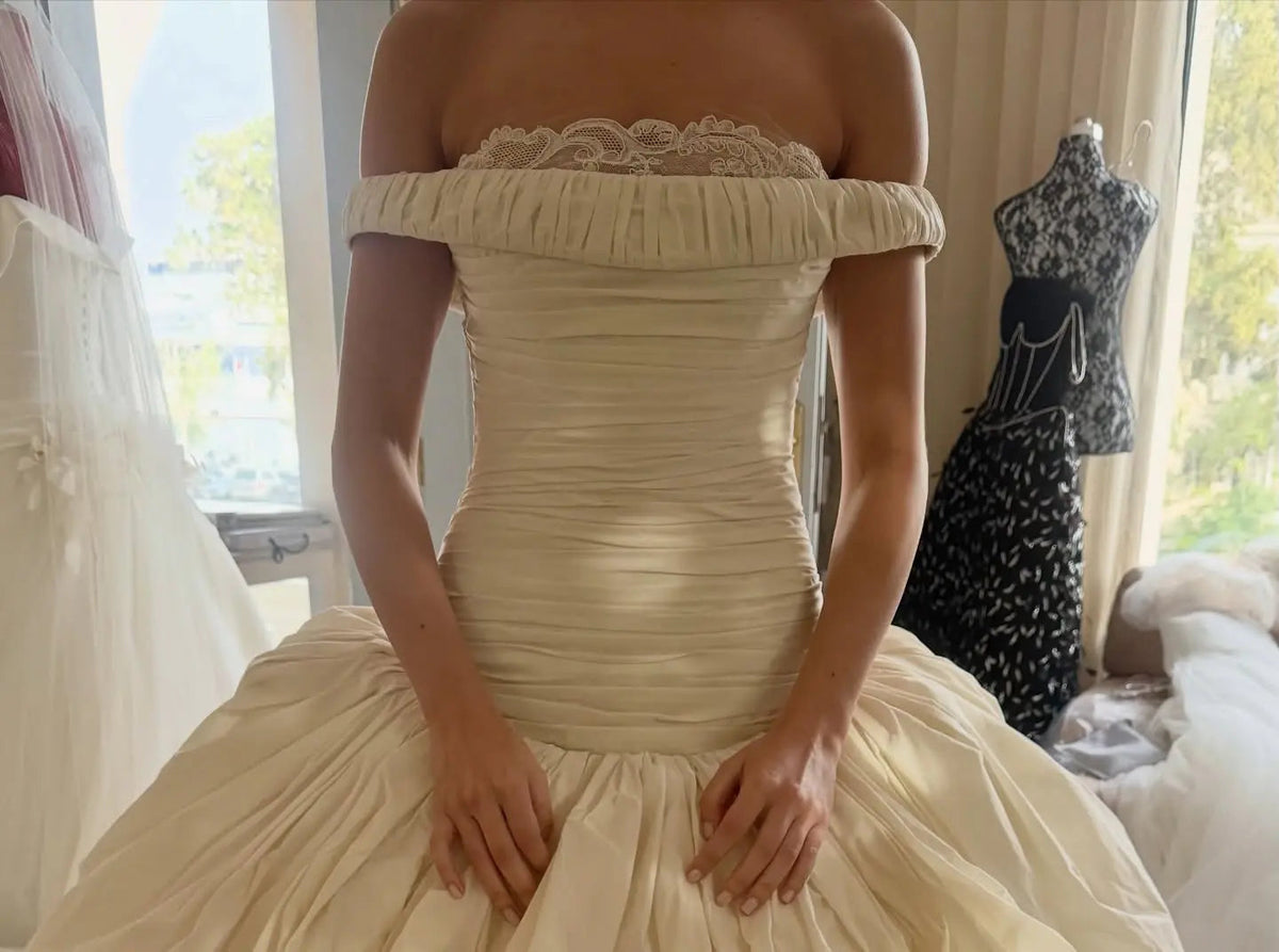 Elegant Ivory Strapless Ruched Satin Ball Gown Wedding Dress ZP070