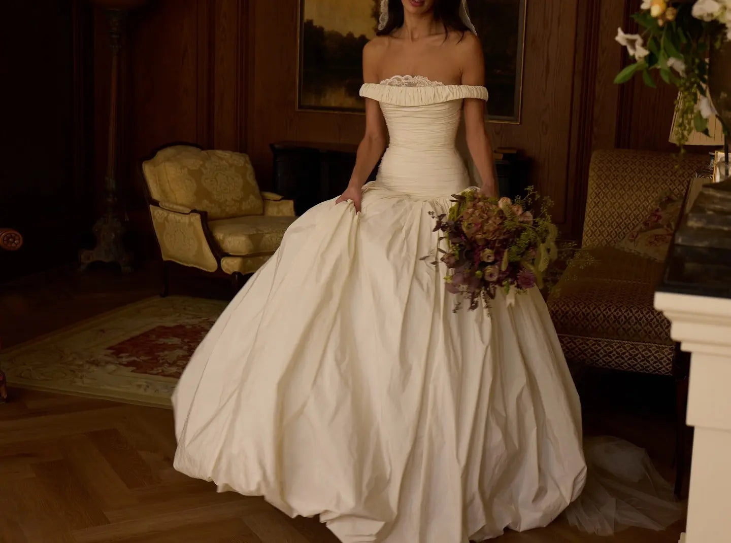 Elegant Ivory Strapless Ruched Satin Ball Gown Wedding Dress ZP070