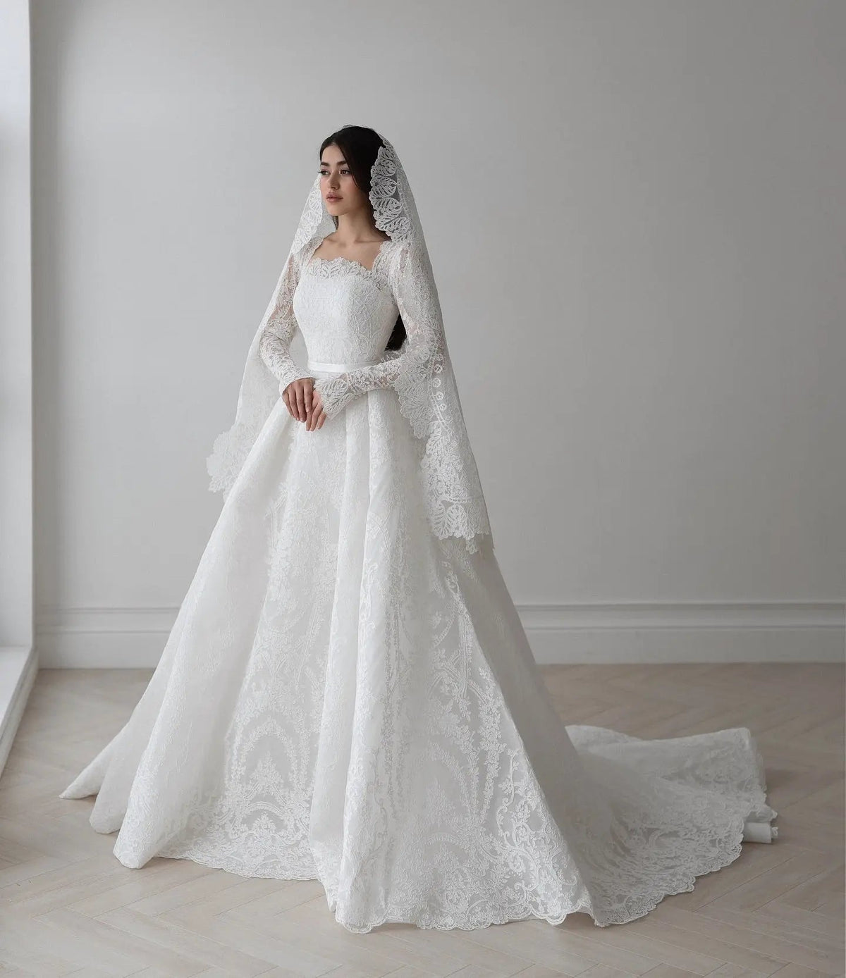 Luxury White Lace Long Sleeve Square Neck Wedding Dress with Veil ZP136 - View 3 | VelvetHem