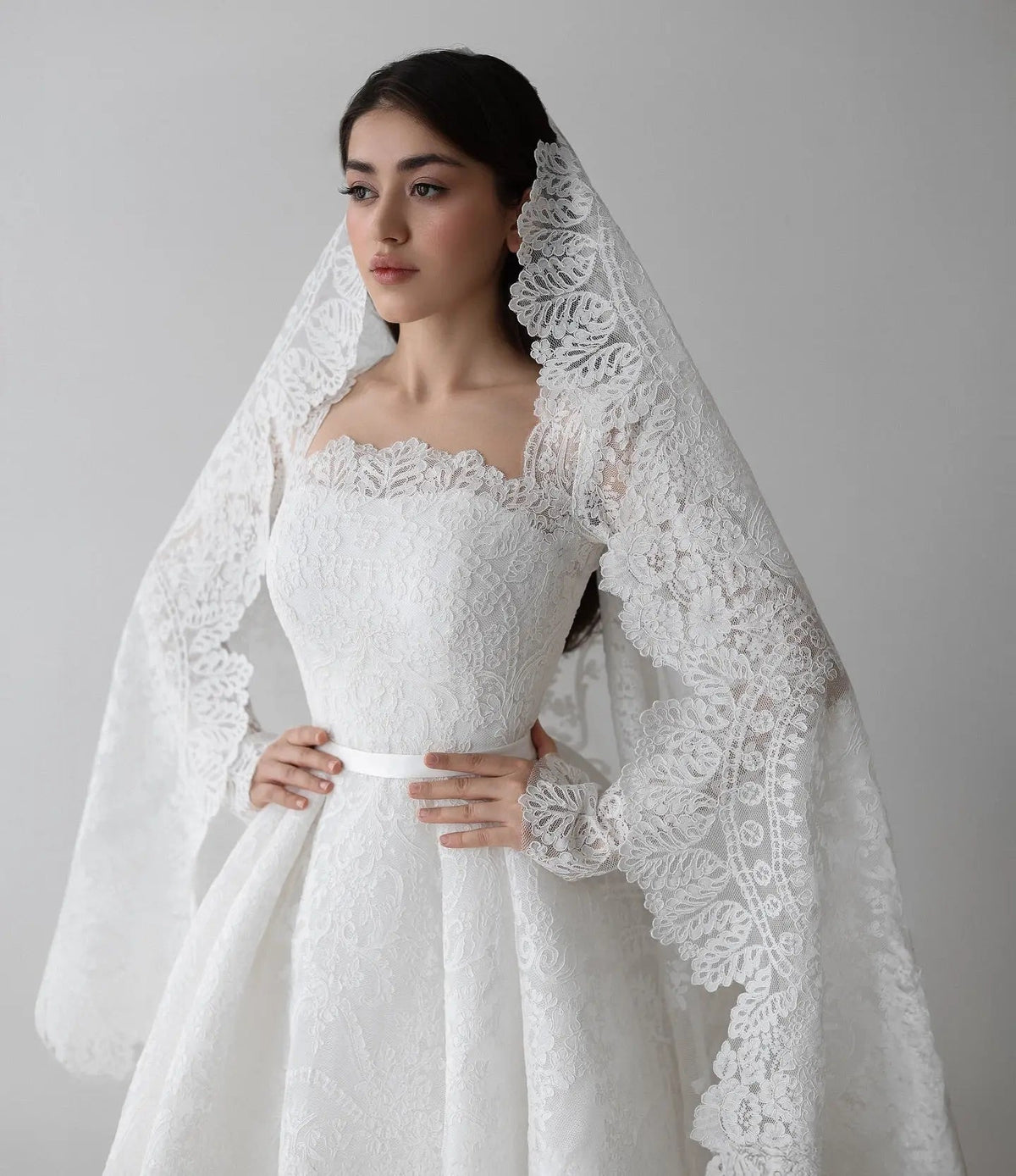 Luxury White Lace Long Sleeve Square Neck Wedding Dress with Veil ZP136 - View 5 | VelvetHem
