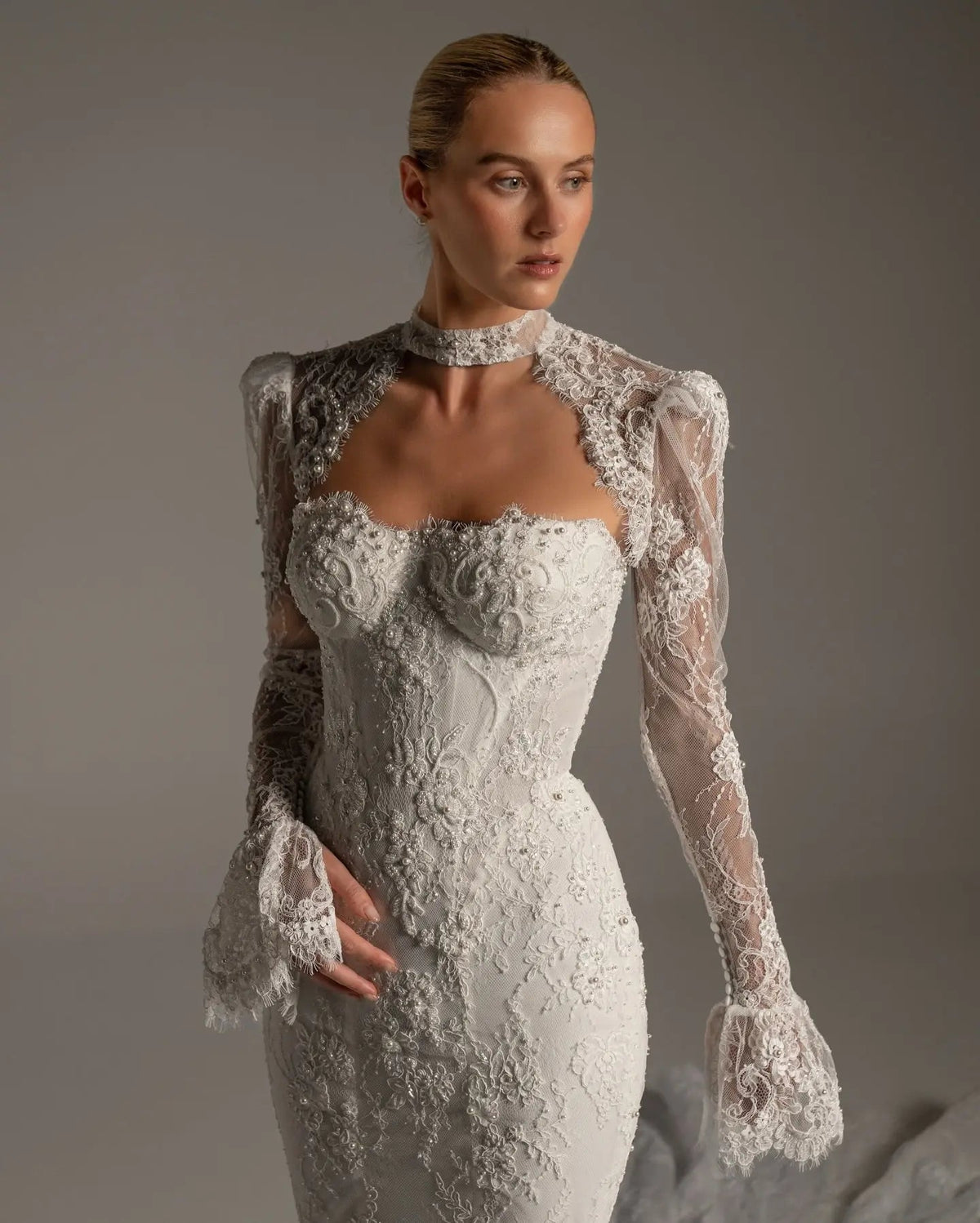 Luxury Ivory Lace Long Sleeve Mermaid Train Wedding Dress ZP142 - View 3 | VelvetHem