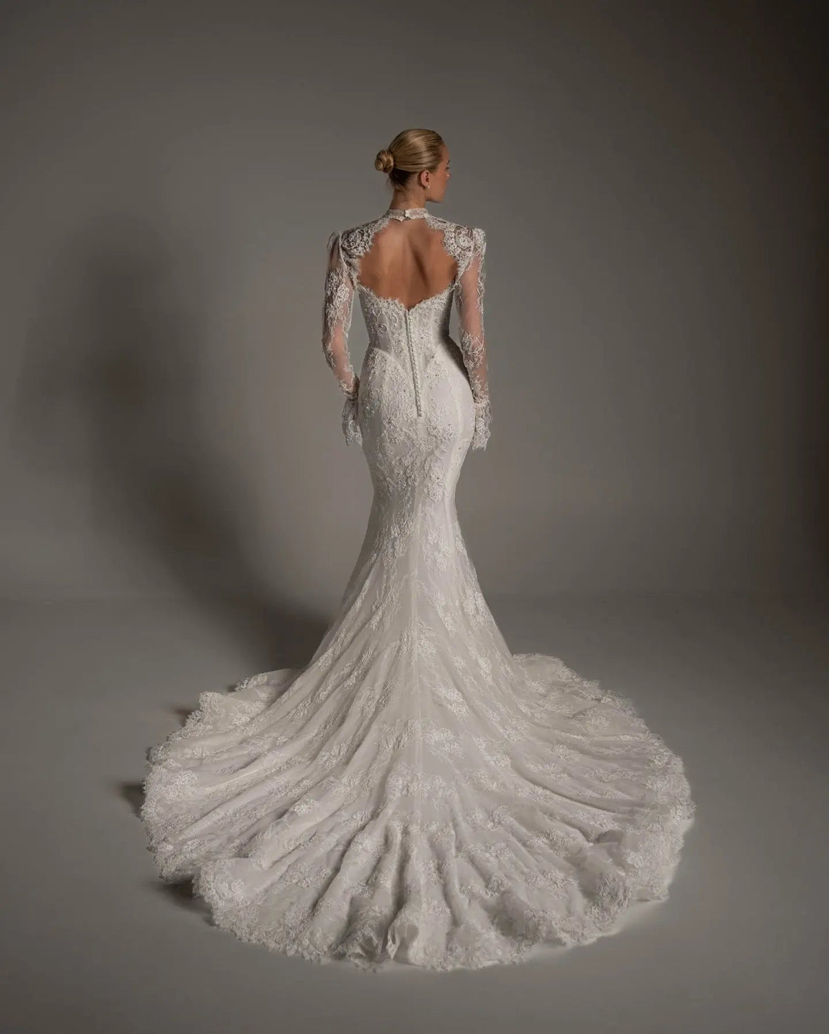 Luxury Ivory Lace Long Sleeve Mermaid Train Wedding Dress ZP142 - View 4 | VelvetHem
