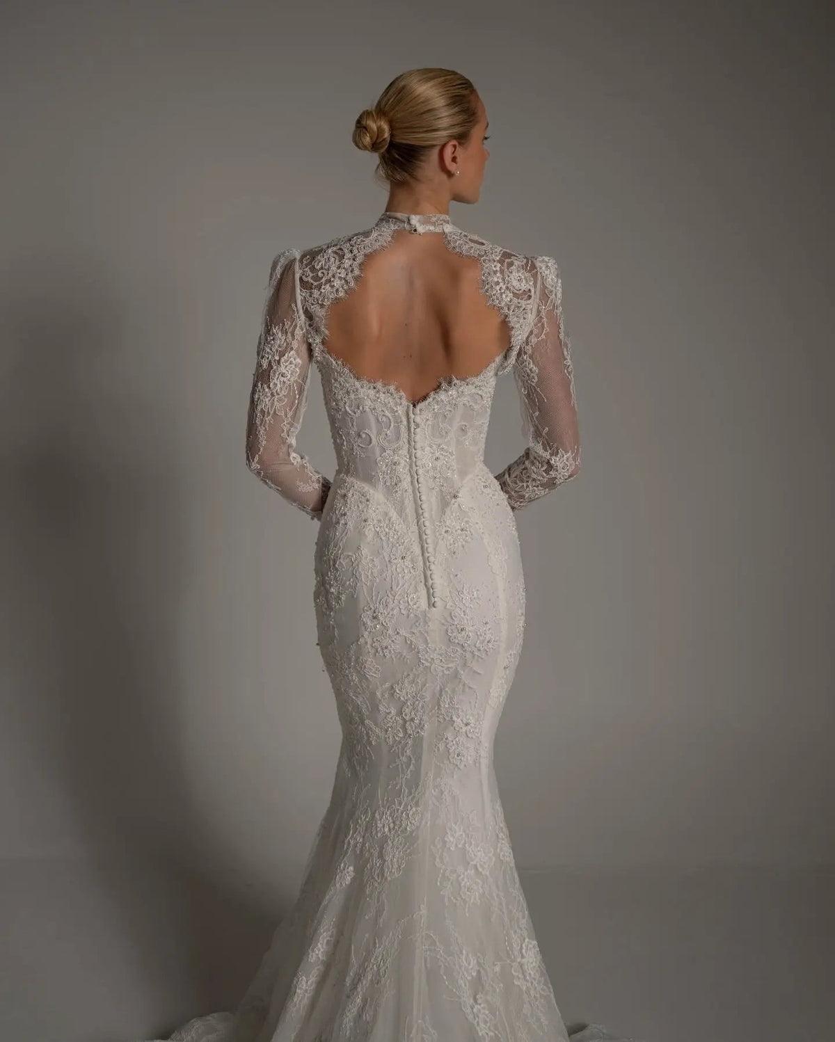 Luxury Ivory Lace Long Sleeve Mermaid Train Wedding Dress ZP142 - View 5 | VelvetHem