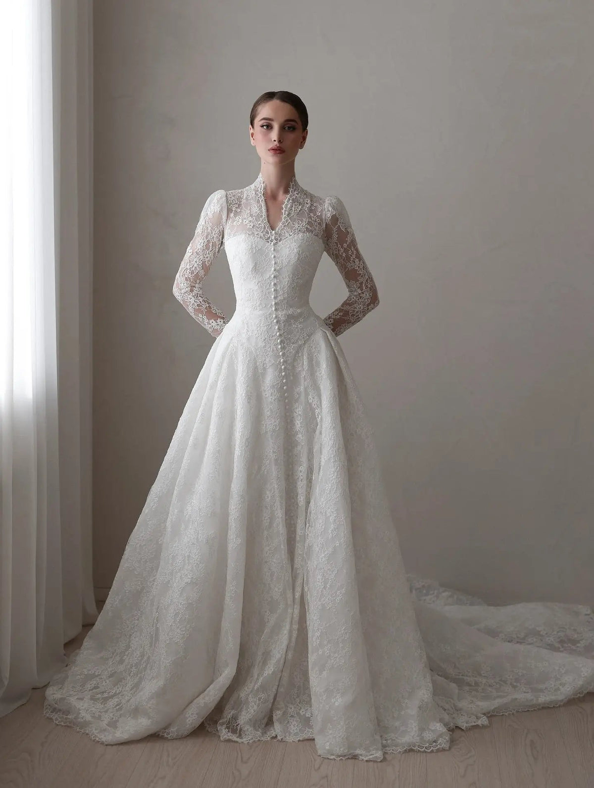 Vintag White Lace High Neck Long Sleeve A-Line Wedding Dress with Train ZP110