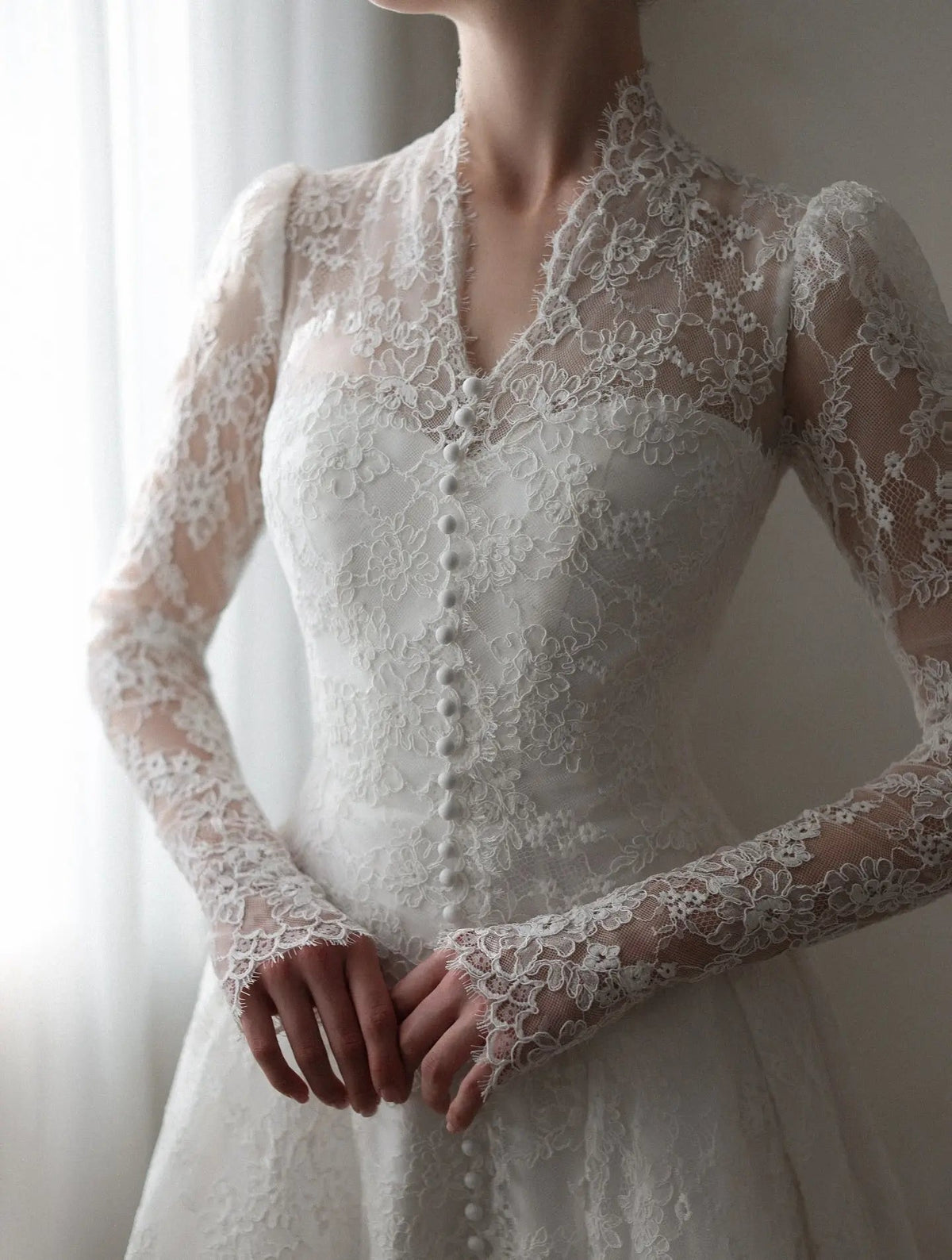 Vintag White Lace High Neck Long Sleeve A-Line Wedding Dress with Train ZP110