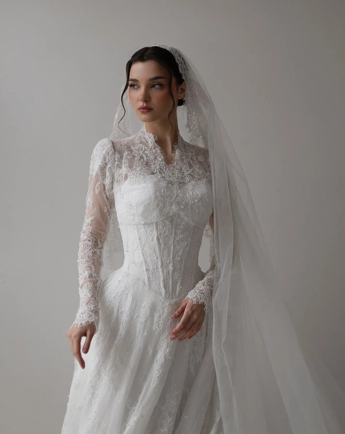 Romantic White Lace Long Sleeve A-Line Wedding Dress with Veil ZP109