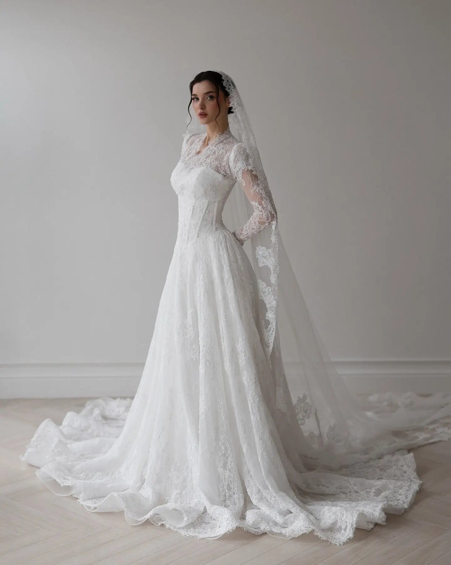 Romantic White Lace Long Sleeve A-Line Wedding Dress with Veil ZP109