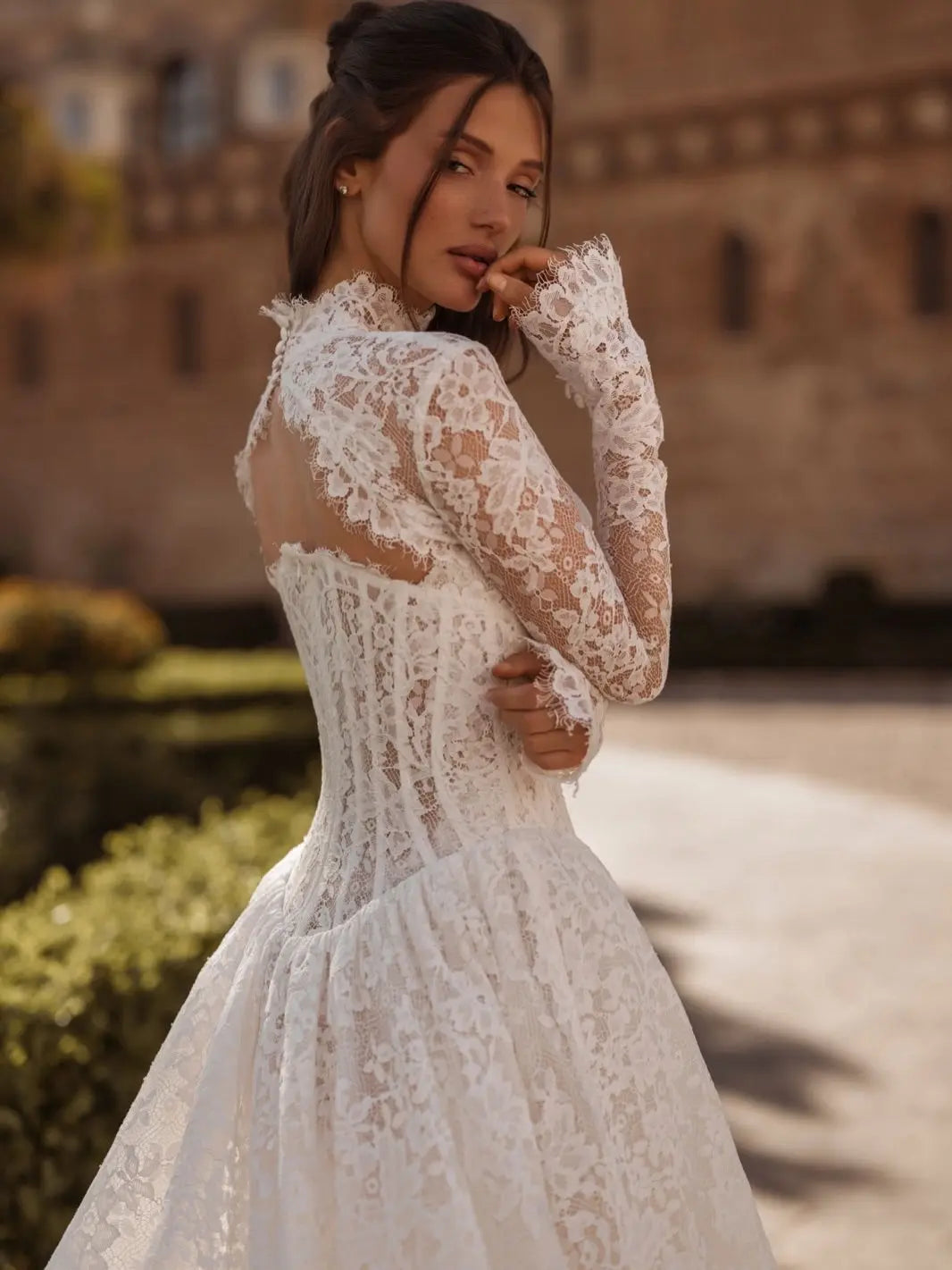 Vintage Ivory High Neck Long Sleeve Lace Backless Ball Gown Wedding Dress ZP131 - View 2 | VelvetHem