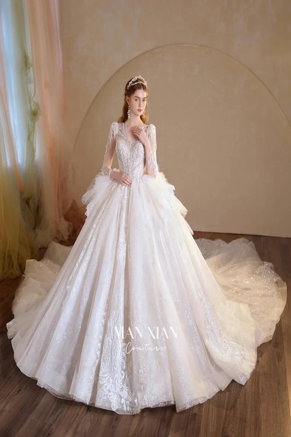 Luminous Ivory V-Neck Glitter Tulle Ball Gown with Beaded Lace, Sheer Sleeves & Draped Ruffle Train (ZD16942)