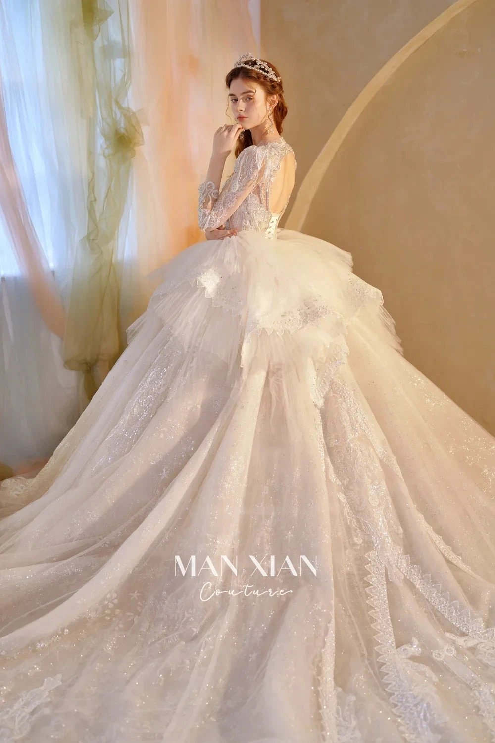 Luminous Ivory V-Neck Glitter Tulle Ball Gown with Beaded Lace, Sheer Sleeves & Draped Ruffle Train (ZD16942) - View 10 | VelvetHem