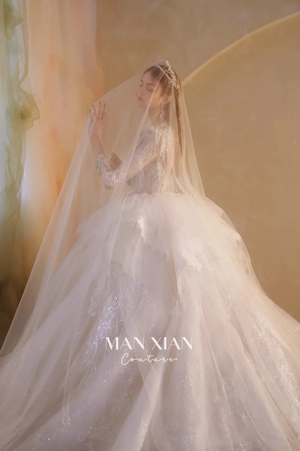 Luminous Ivory V-Neck Glitter Tulle Ball Gown with Beaded Lace, Sheer Sleeves & Draped Ruffle Train (ZD16942)
