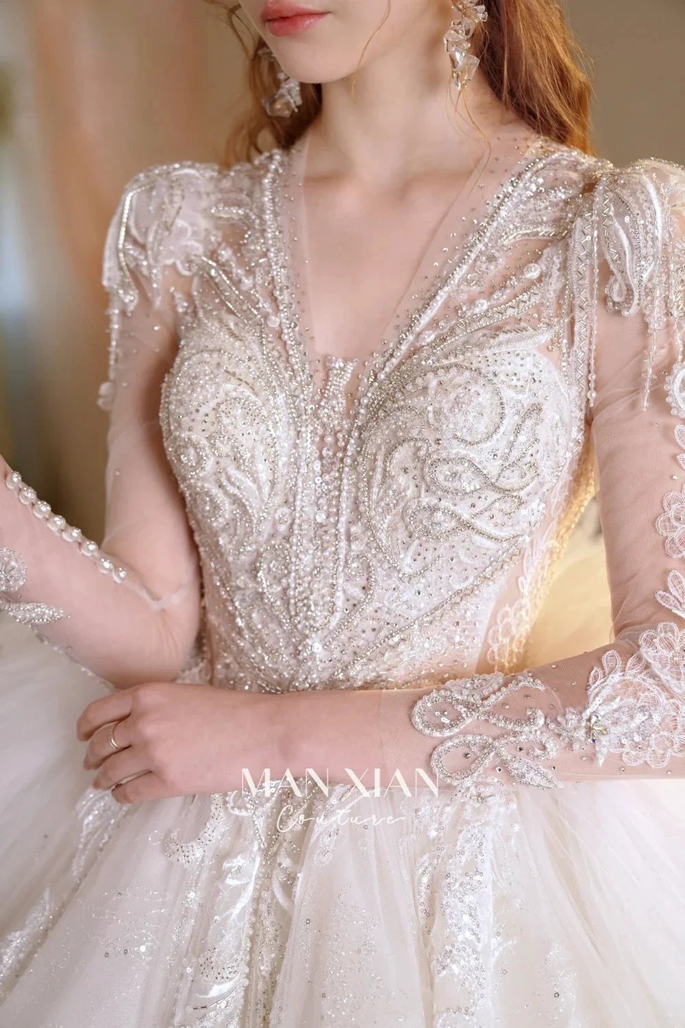 Luminous Ivory V-Neck Glitter Tulle Ball Gown with Beaded Lace, Sheer Sleeves & Draped Ruffle Train (ZD16942)