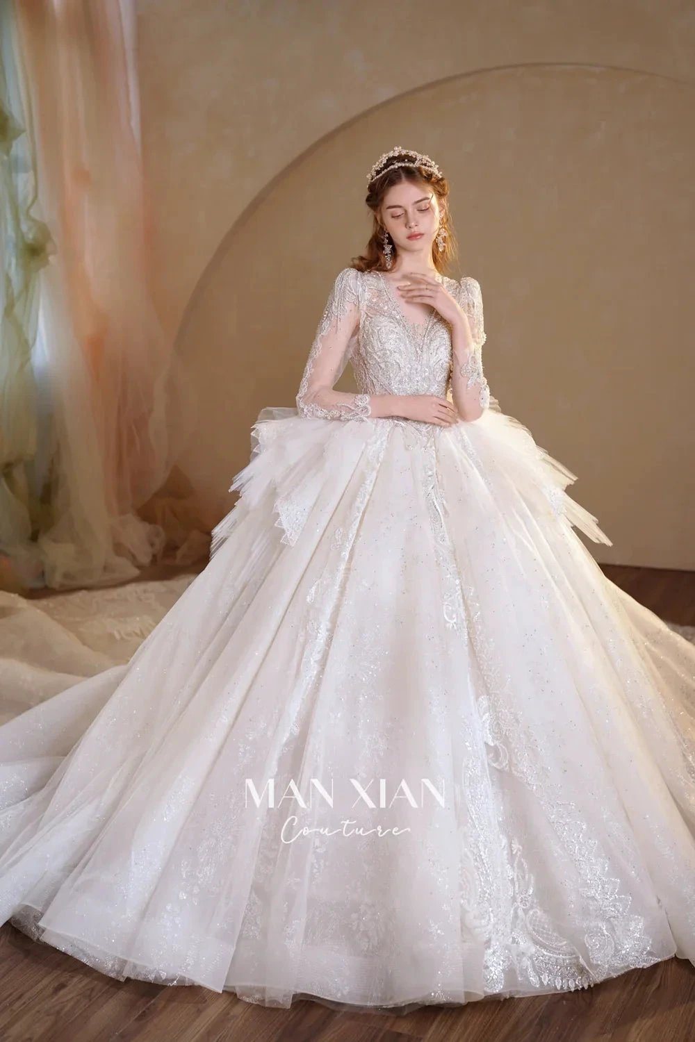Luminous Ivory V-Neck Glitter Tulle Ball Gown with Beaded Lace, Sheer Sleeves & Draped Ruffle Train (ZD16942) - View 2 | VelvetHem