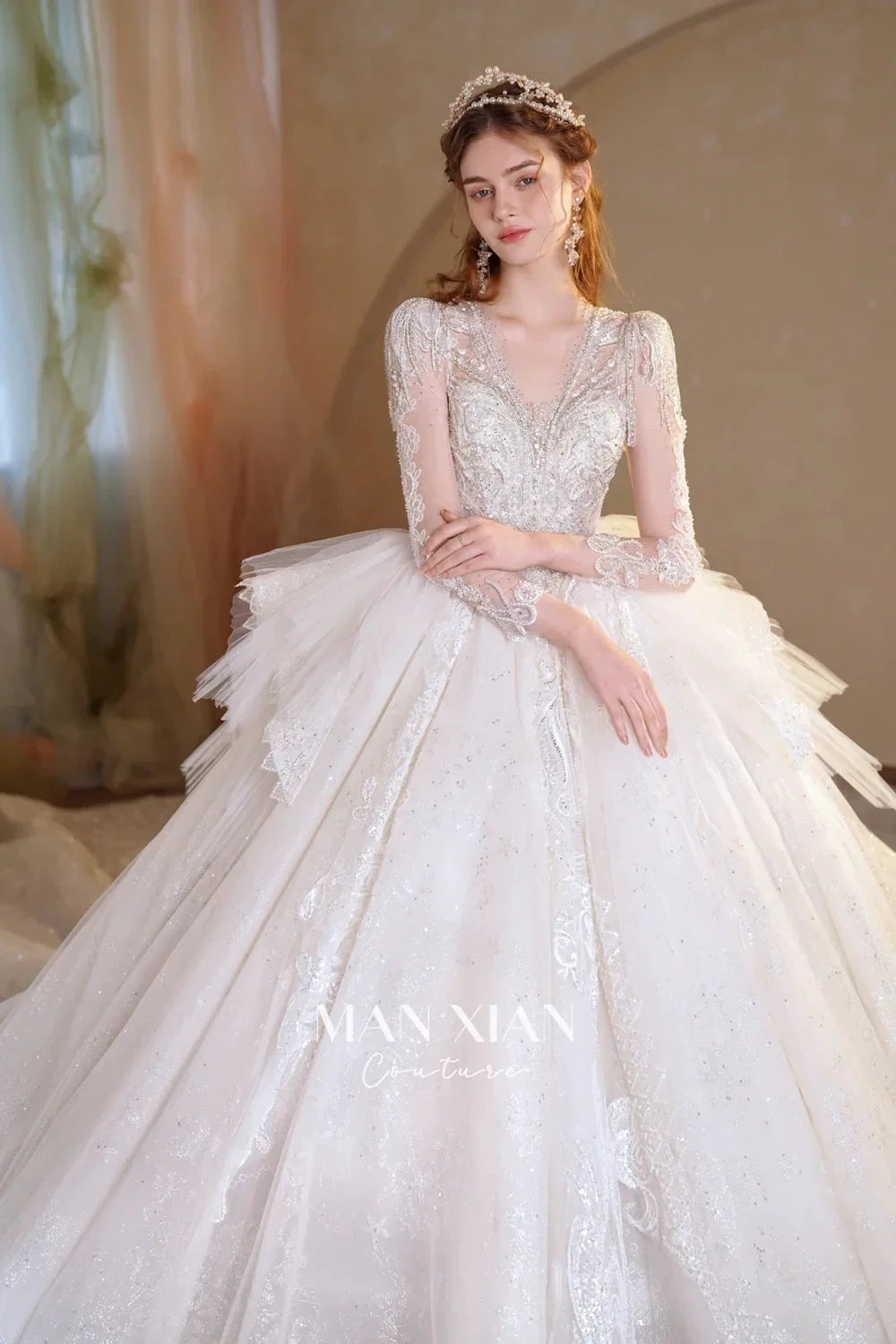 Luminous Ivory V-Neck Glitter Tulle Ball Gown with Beaded Lace, Sheer Sleeves & Draped Ruffle Train (ZD16942)