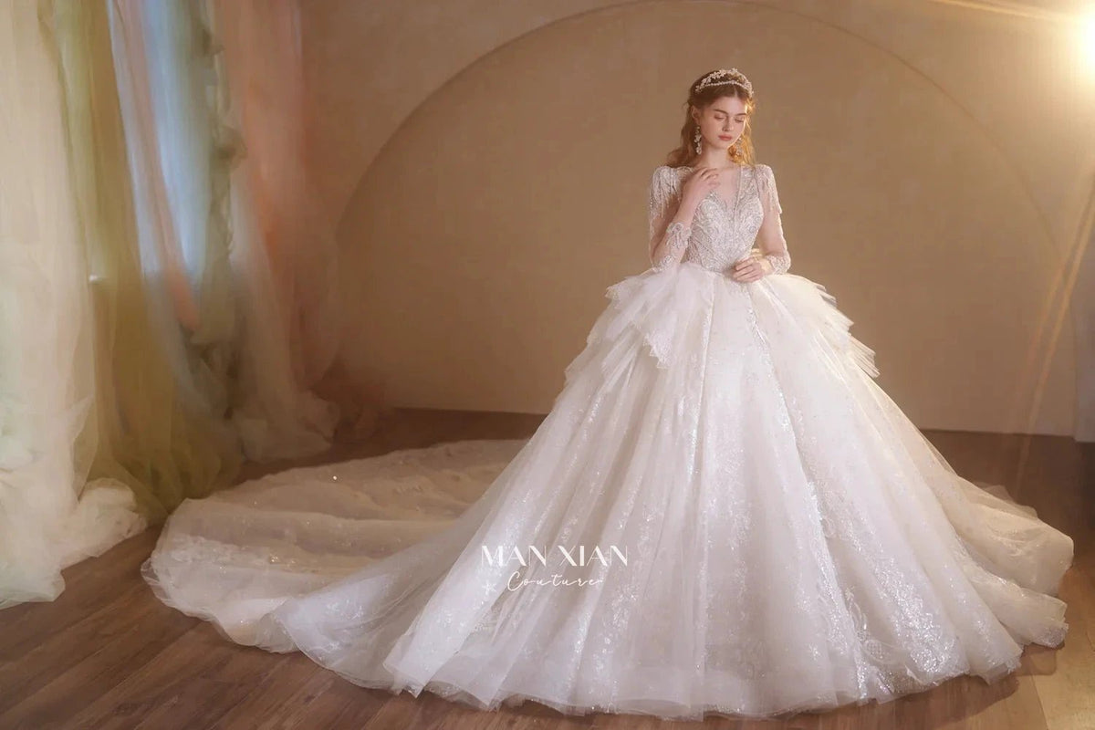 Luminous Ivory V-Neck Glitter Tulle Ball Gown with Beaded Lace, Sheer Sleeves & Draped Ruffle Train (ZD16942) - View 6 | VelvetHem
