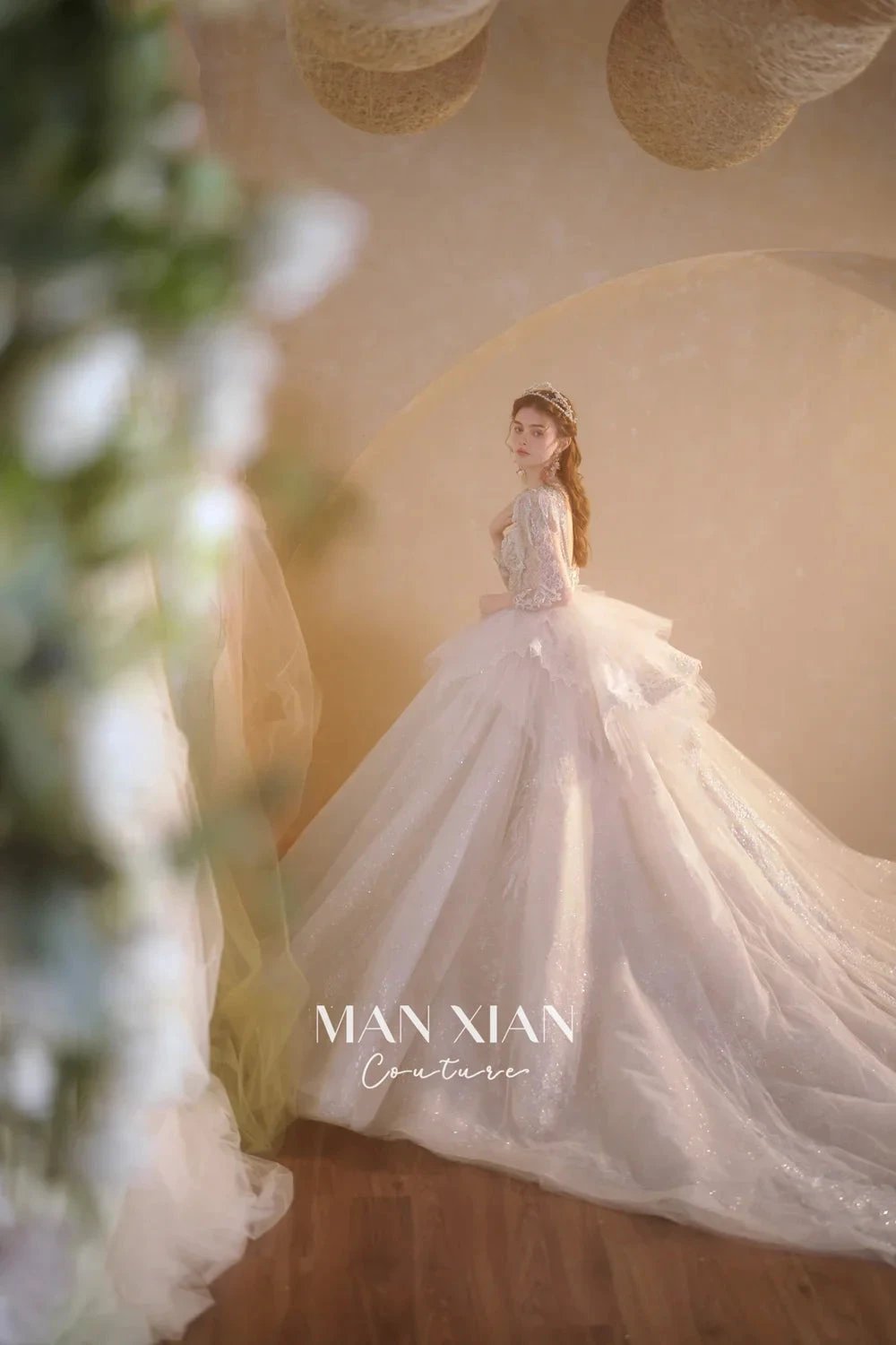 Luminous Ivory V-Neck Glitter Tulle Ball Gown with Beaded Lace, Sheer Sleeves & Draped Ruffle Train (ZD16942) - View 11 | VelvetHem