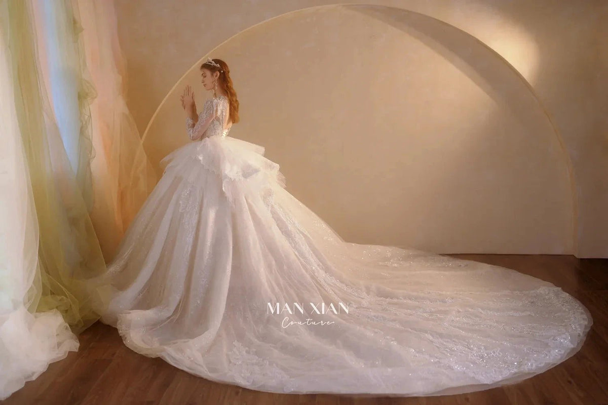 Luminous Ivory V-Neck Glitter Tulle Ball Gown with Beaded Lace, Sheer Sleeves & Draped Ruffle Train (ZD16942) - View 12 | VelvetHem