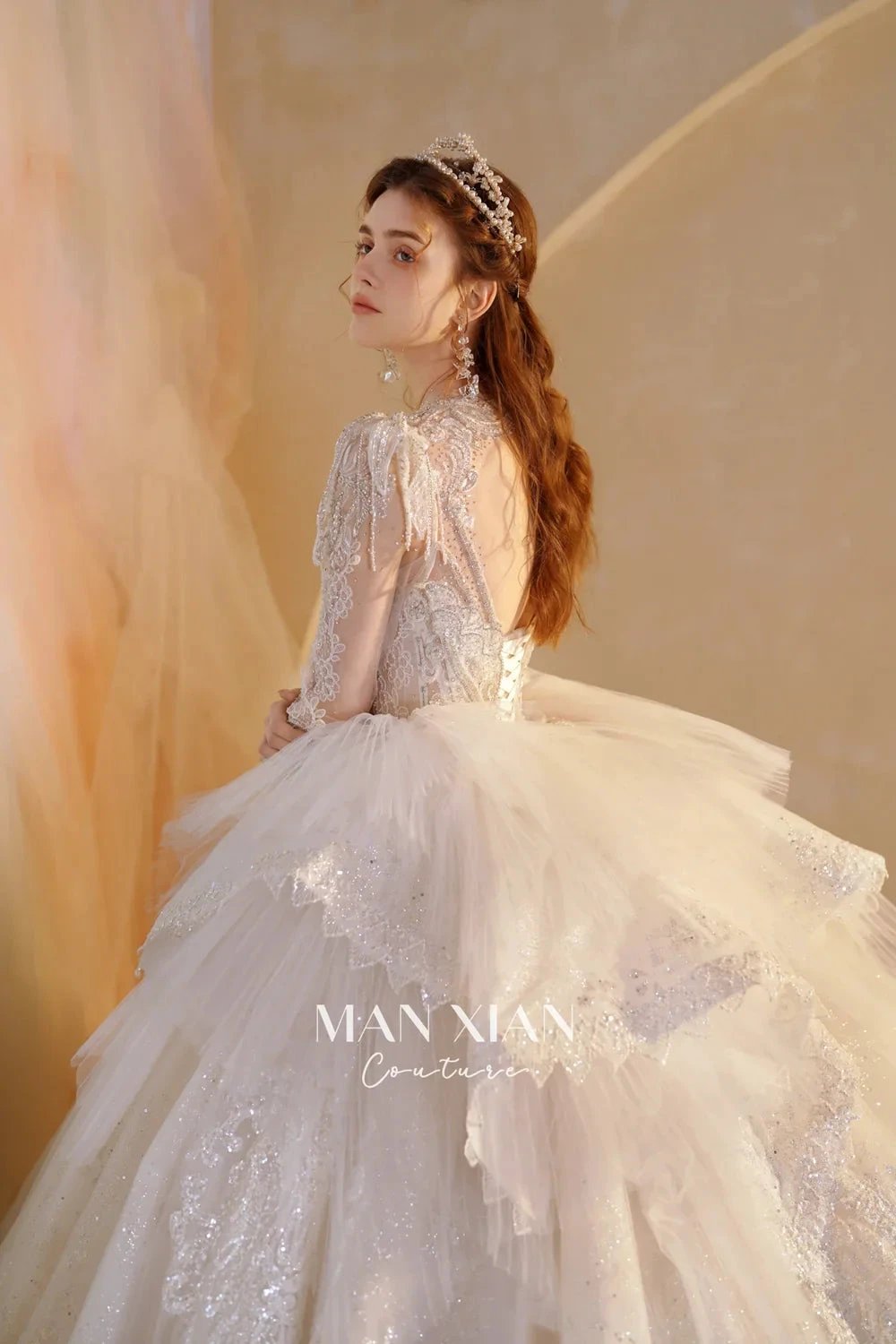 Luminous Ivory V-Neck Glitter Tulle Ball Gown with Beaded Lace, Sheer Sleeves & Draped Ruffle Train (ZD16942)