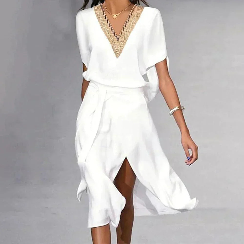 Angela Aesthetic Modern Women's Midi Dress with V Neck Chic Silhouette Collection