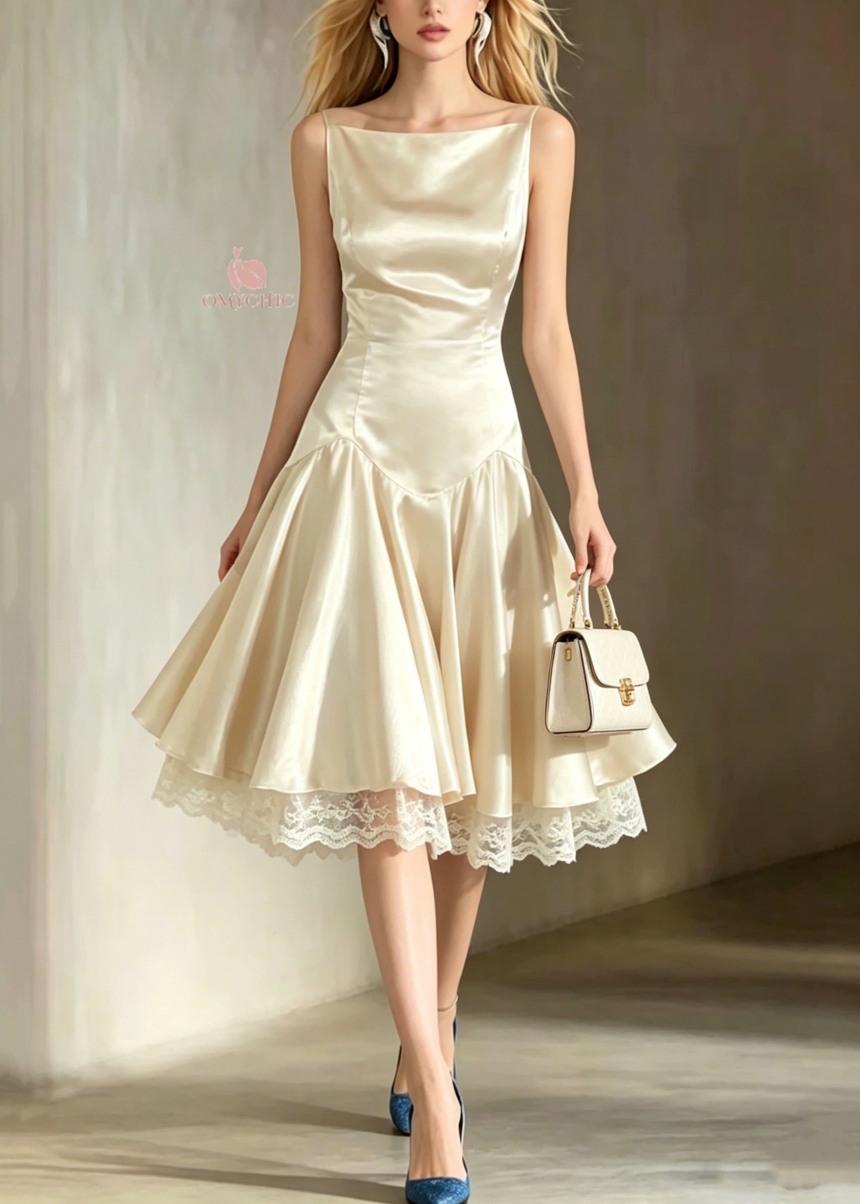 Italian Champagne Lace Patchwork Silk Spaghetti Strap Dress Summer